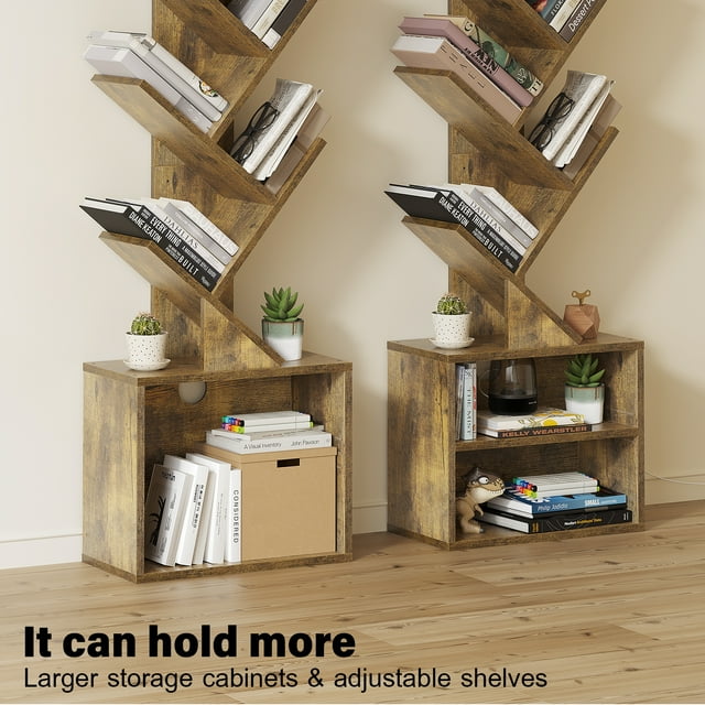SUNMORY Bookcase, 6 Tier Tree Bookshelf, Small Bookcase with Storage Cabinet, Modern Tall Narrow Bookshelves Organizer, Floor Standing Book Shelf for Bedroom/Living Room, Rustic Broook