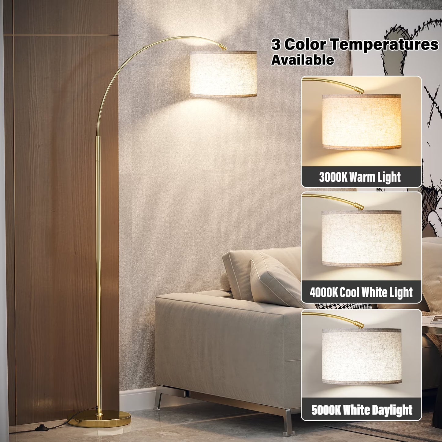 Arc Floor Lamp with Foot Switch, 3 Color Temperature, 9w A19 LED Bulb included, 75″Height Tall Lamp with Hanging Drum Shade, Arched Standing Lamp for Bedroom, Living Room, Office(Gold) 12395174250