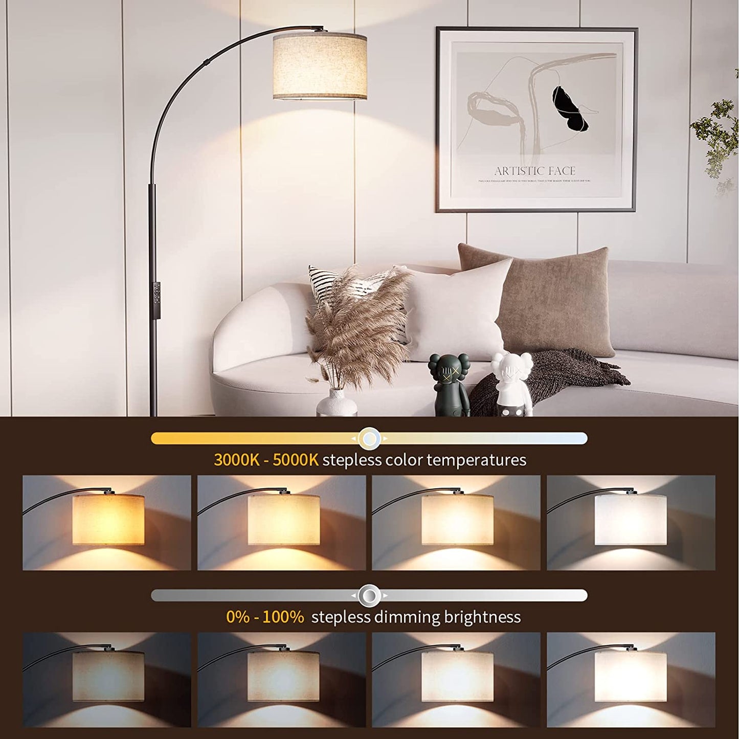 SUNMORY Arc Floor Lamp with Remote,Modern Floor Lamp with Stepless Dimmable Bulb,75″Height Tall Lamp for Living Room with Hanging Drum Shade and Weighted Base.Mid Century Standing Lamp for Bedroom.