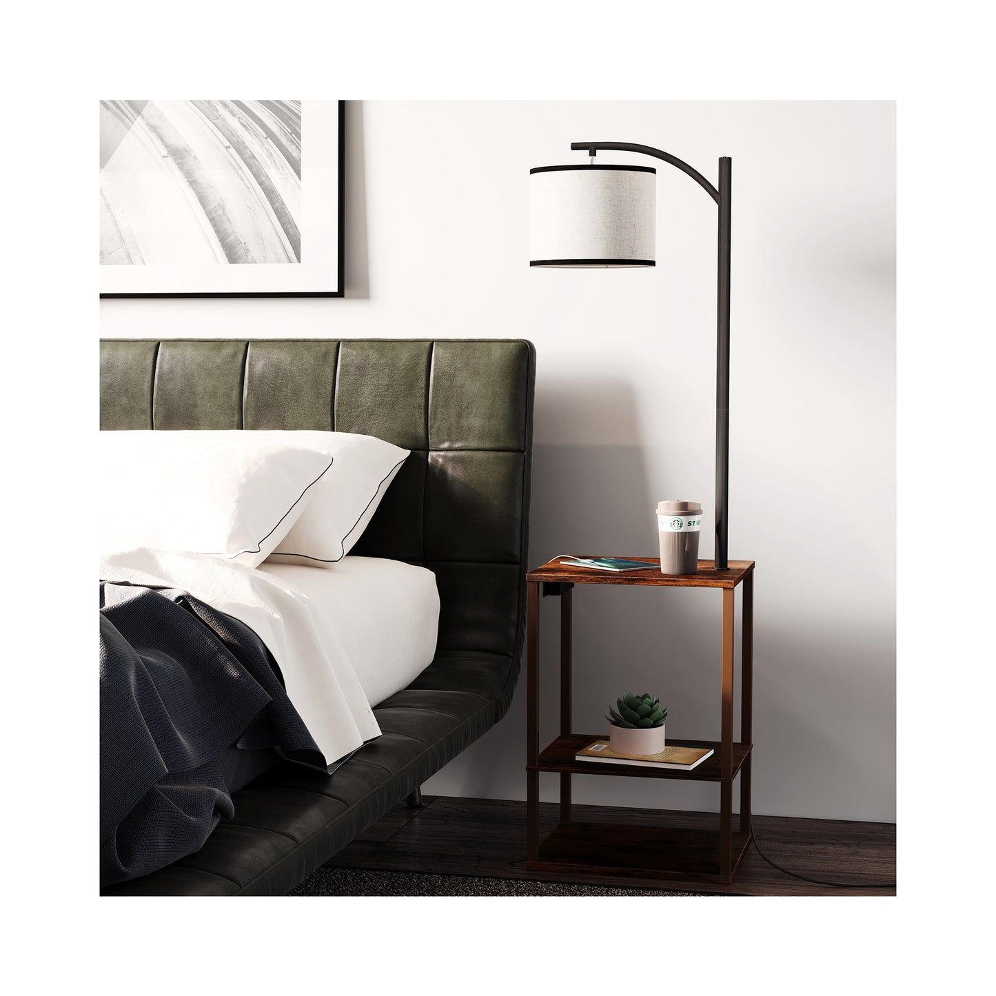 SUNMORY Floor Lamp with Table, Lamps for Living Room with USB Port, Attached End Table with Shelves, Brown