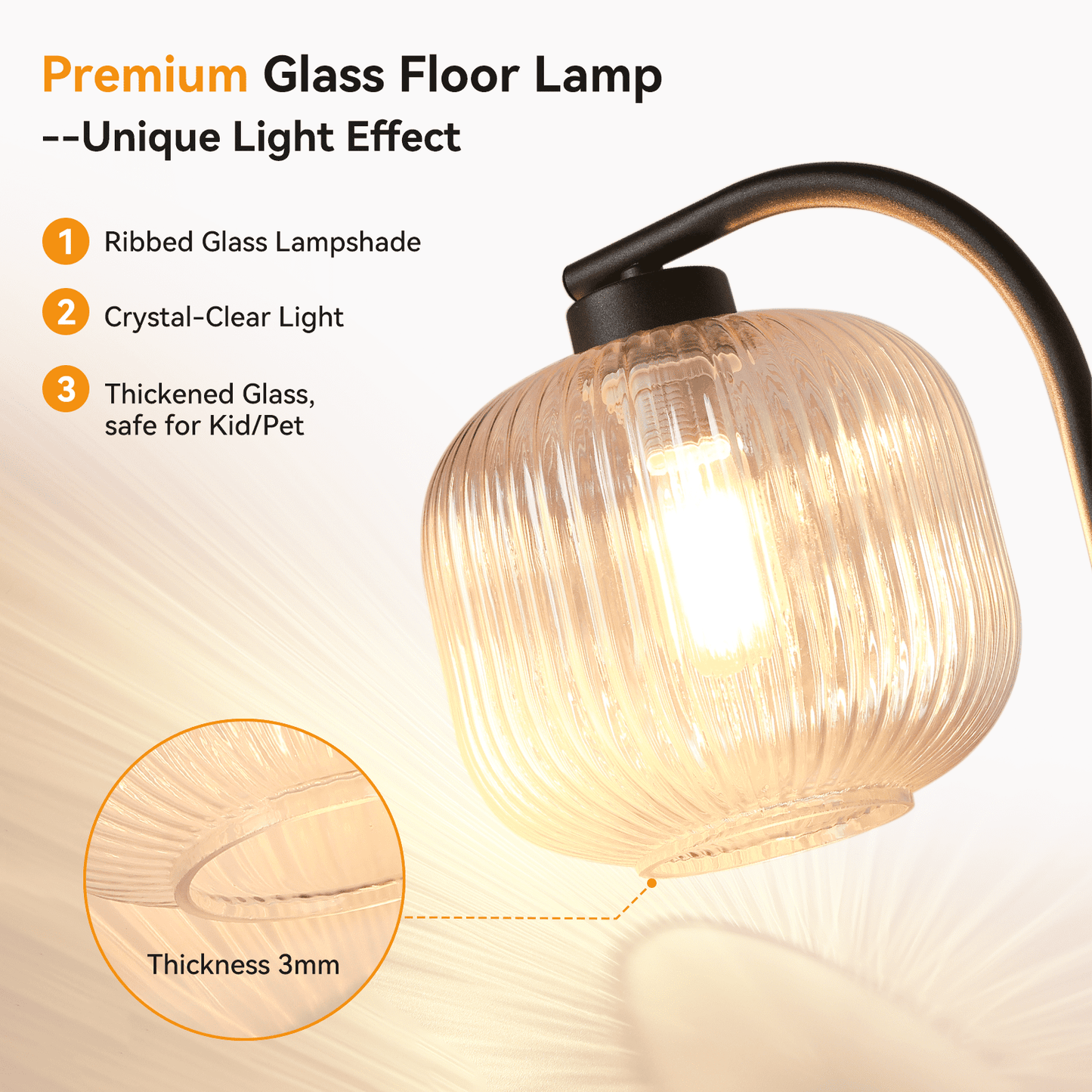 SUNMORY Stepless Dimming Glass Shade Floor Lamp, Floor Lamps for Living Room, LED Lamp for Bedroom, Rotating Switch, Anti - tipping Base, for Home Decor Lighting Black 16659571375