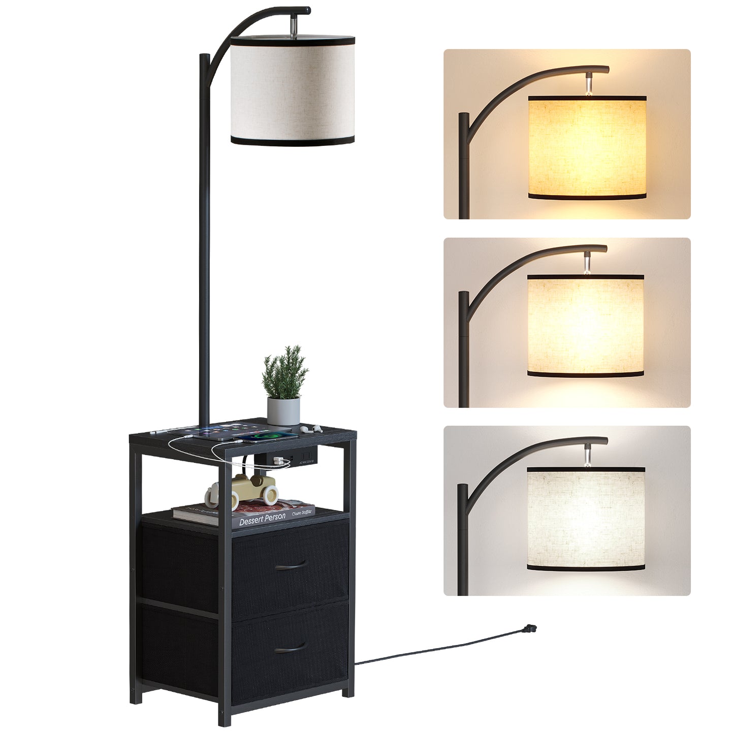Floor Lamp with Table, Nightstand with Drawer,USB Port End Table Side Table & Reading Light - Black