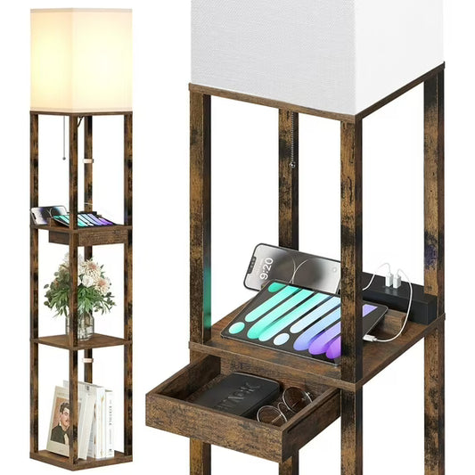 SUNMORY 63" Modern USB Ports Brown Floor Lamp with Beige Square Shade Brown 5455786050