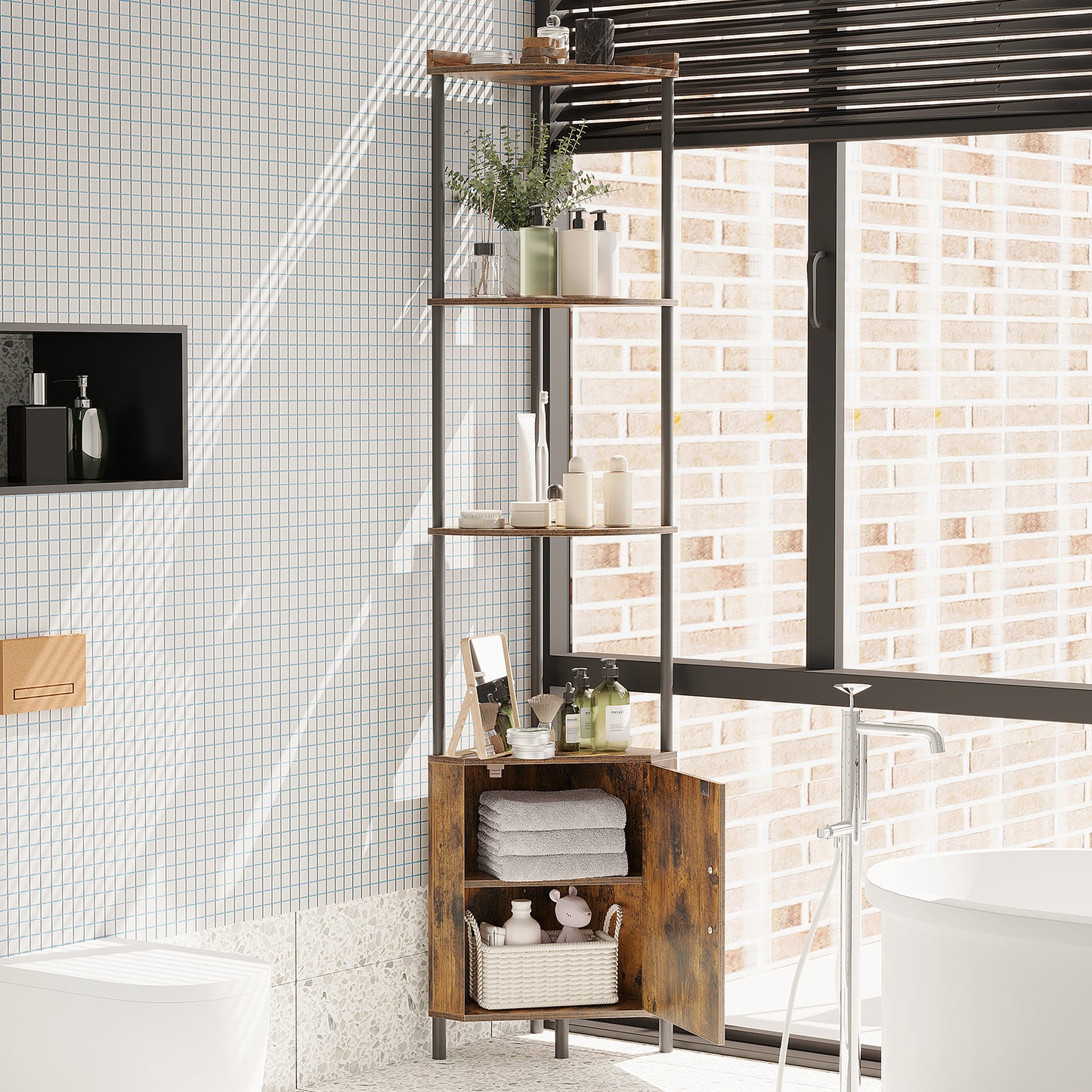 SUNMORY Corner Cabinet, 5 Tier 65.4" Corner Shelf with Storage, Corner Shelves Display Shelf for Living Room Decor, Wall Corner Bookshelf, Tall Plant Stand for Bedroom, Bathroom, Kitchen, Small Space