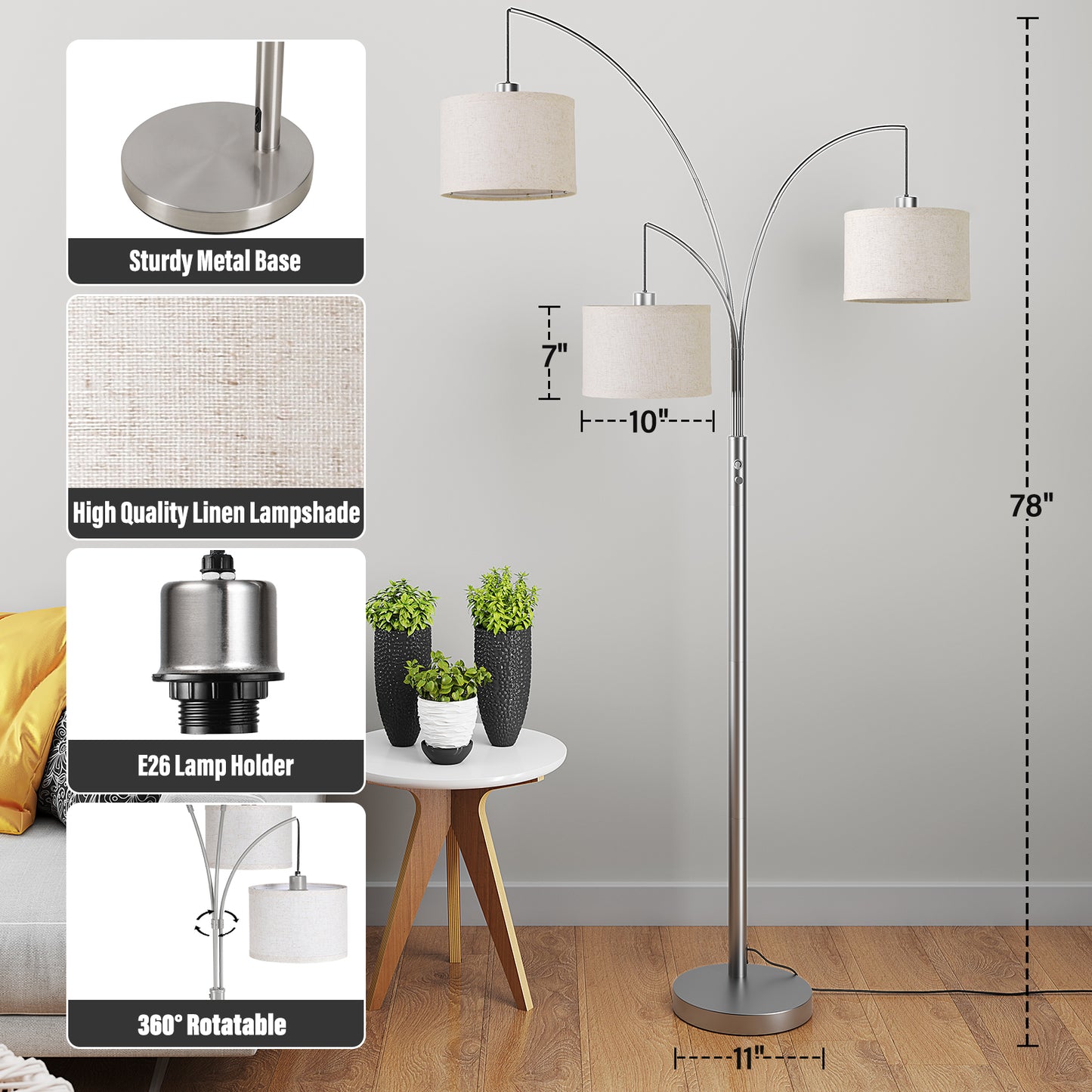 SUNMORY 3 Lights Floor Lamp for Living Room, 78" Tall Standing Lamp with Hanging Drum Shade, Modern Arc Floor Lamps with Heavy Base, Mid Century Arched Tree Floor Lamp for Bedroom, Office, Corner