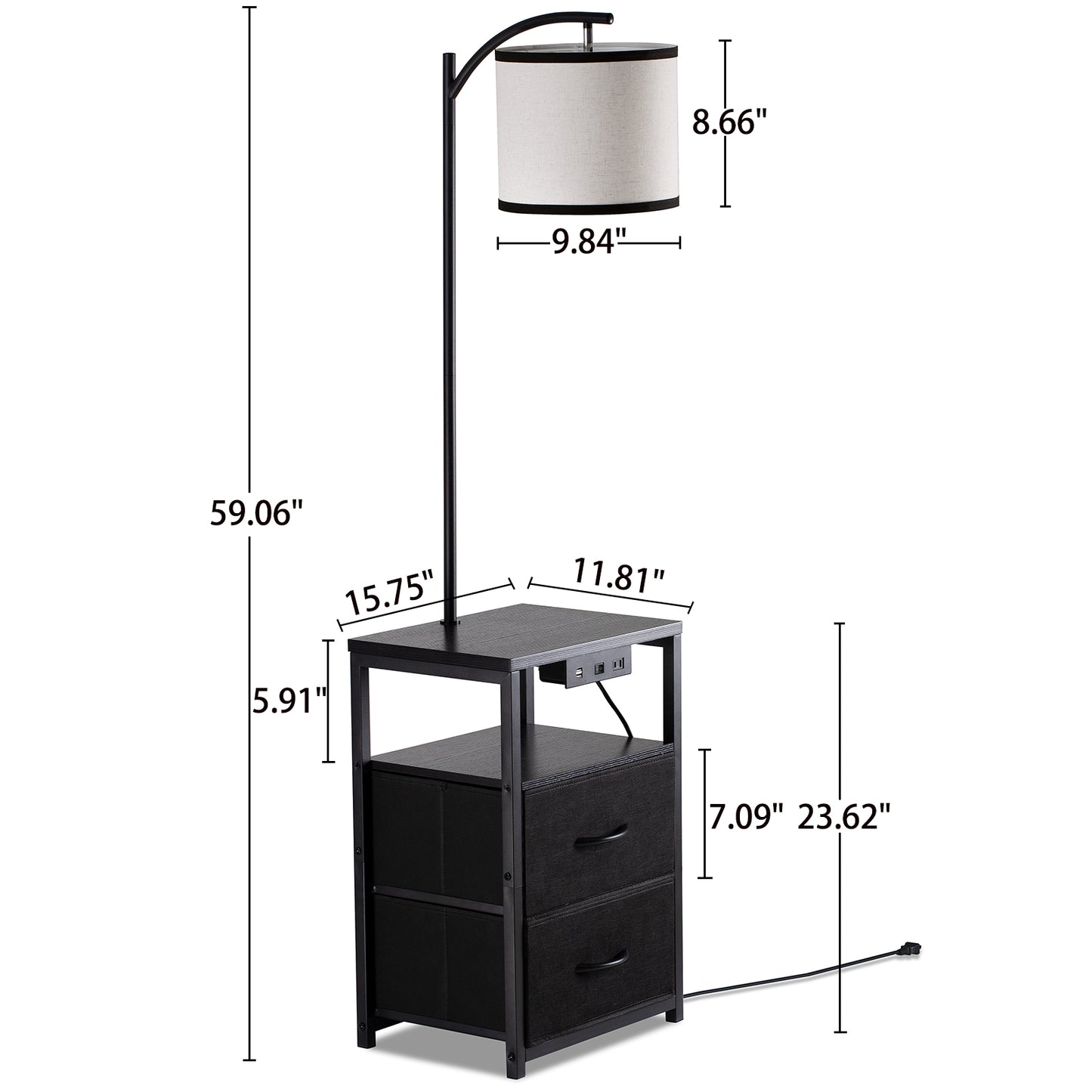 Floor Lamp with Table, Nightstand with Drawer,USB Port End Table Side Table & Reading Light - Black