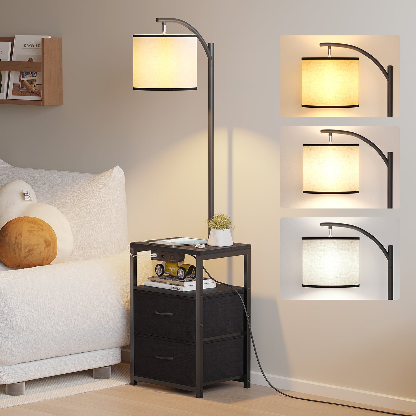 Floor Lamp with Table, Nightstand with Drawer,USB Port End Table Side Table & Reading Light - Black