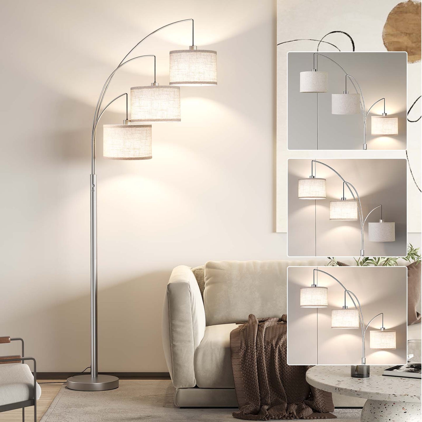 SUNMORY 3 Lights Floor Lamp for Living Room, 78" Tall Standing Lamp with Hanging Drum Shade, Modern Arc Floor Lamps with Heavy Base, Mid Century Arched Tree Floor Lamp for Bedroom, Office, Corner