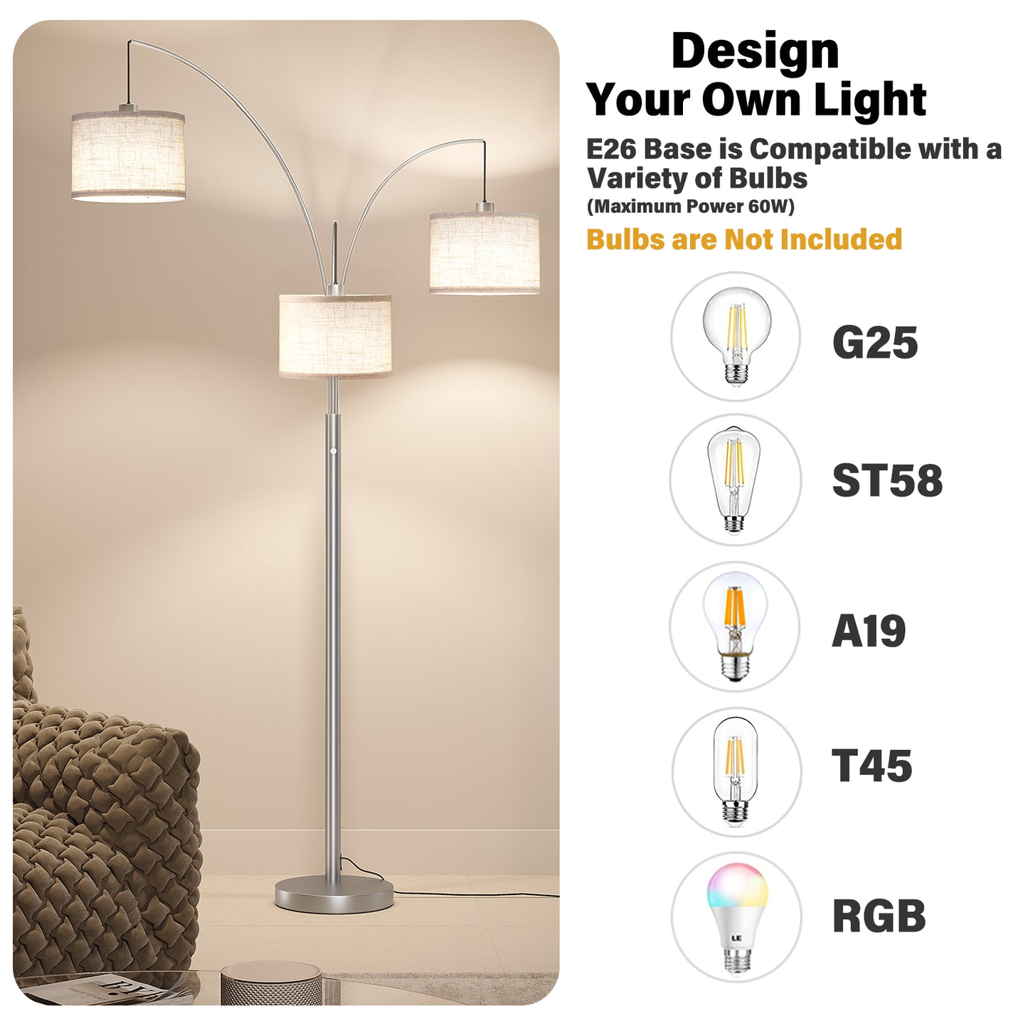 SUNMORY 3 Lights Floor Lamp for Living Room, 78" Tall Standing Lamp with Hanging Drum Shade, Modern Arc Floor Lamps with Heavy Base, Mid Century Arched Tree Floor Lamp for Bedroom, Office, Corner