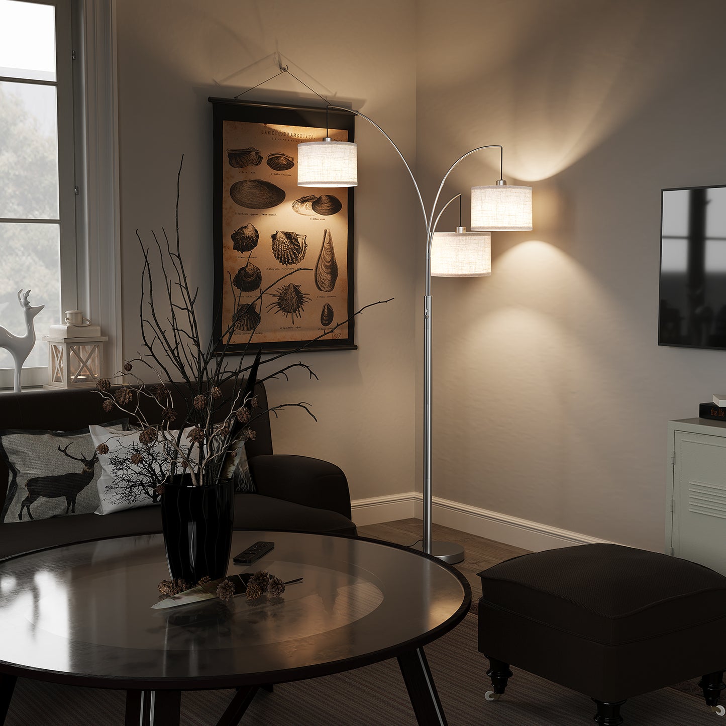 SUNMORY 3 Lights Floor Lamp for Living Room, 78" Tall Standing Lamp with Hanging Drum Shade, Modern Arc Floor Lamps with Heavy Base, Mid Century Arched Tree Floor Lamp for Bedroom, Office, Corner