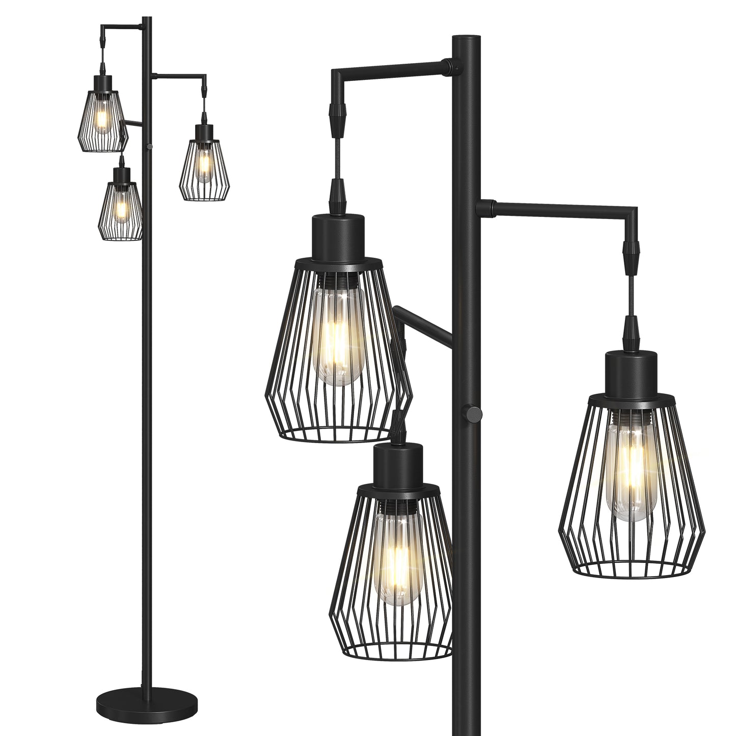 SUNMORY Industrial Floor Lamp, Three Lights Farmhouse Floor Lamp with 3 LED Edison Bulbs, Standing Tree Lamp with Sturdy Base, Tall Vintage Pole Light for Bedroom, Office, Dining Room(Black)