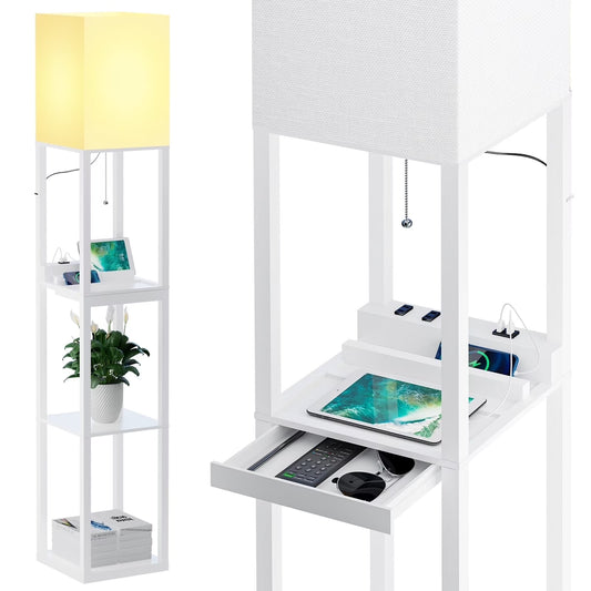 SUNMORY Floor Lamp with Shelves, Modern Dimmable Solid Wood Standing Lamp with 1 Drawer & 2 USB Ports & 2 Power Outlet, 3 Color Temperatures LED Bulb, Corner Tall Bookshelf Lamp for Living Room 311134995