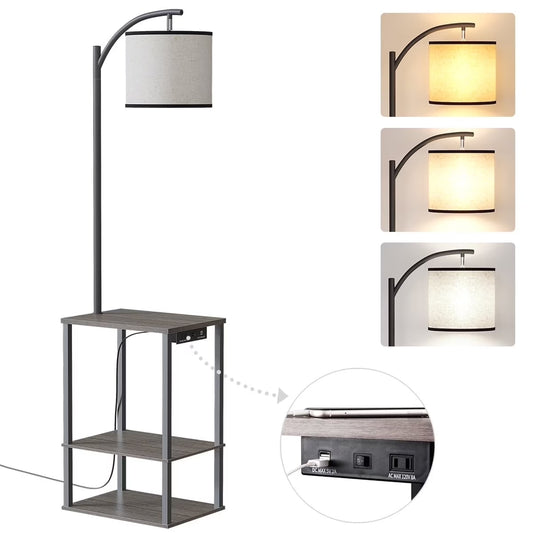 SUNMORY Floor Lamp with Table Lamps for Living Room with Charging Station(USB & AC Port) Rustic End Table Lamp with Shelves & 3-Color Temperature LED Bulb Lamp Table for Living 2359173188