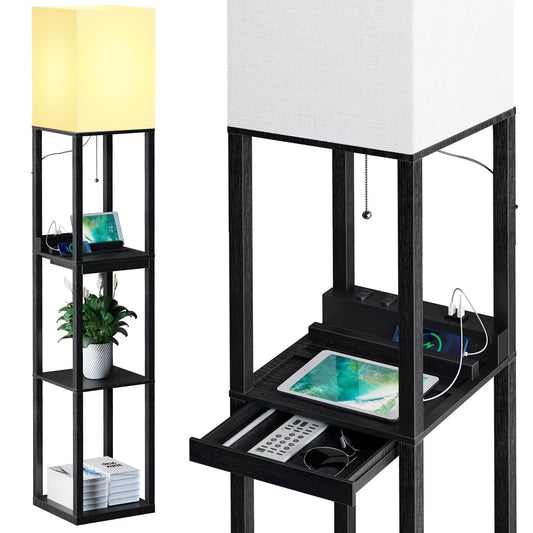 SUNMORY Floor Lamp with Shelves,Modern Dimmable Solid Wood Standing Lamp with 1 Drawer and 2 USB Ports & 2 Power Outlet,Corner Tall Bookshelf Lamp for Living Room and Bedroom(Black) 429560187