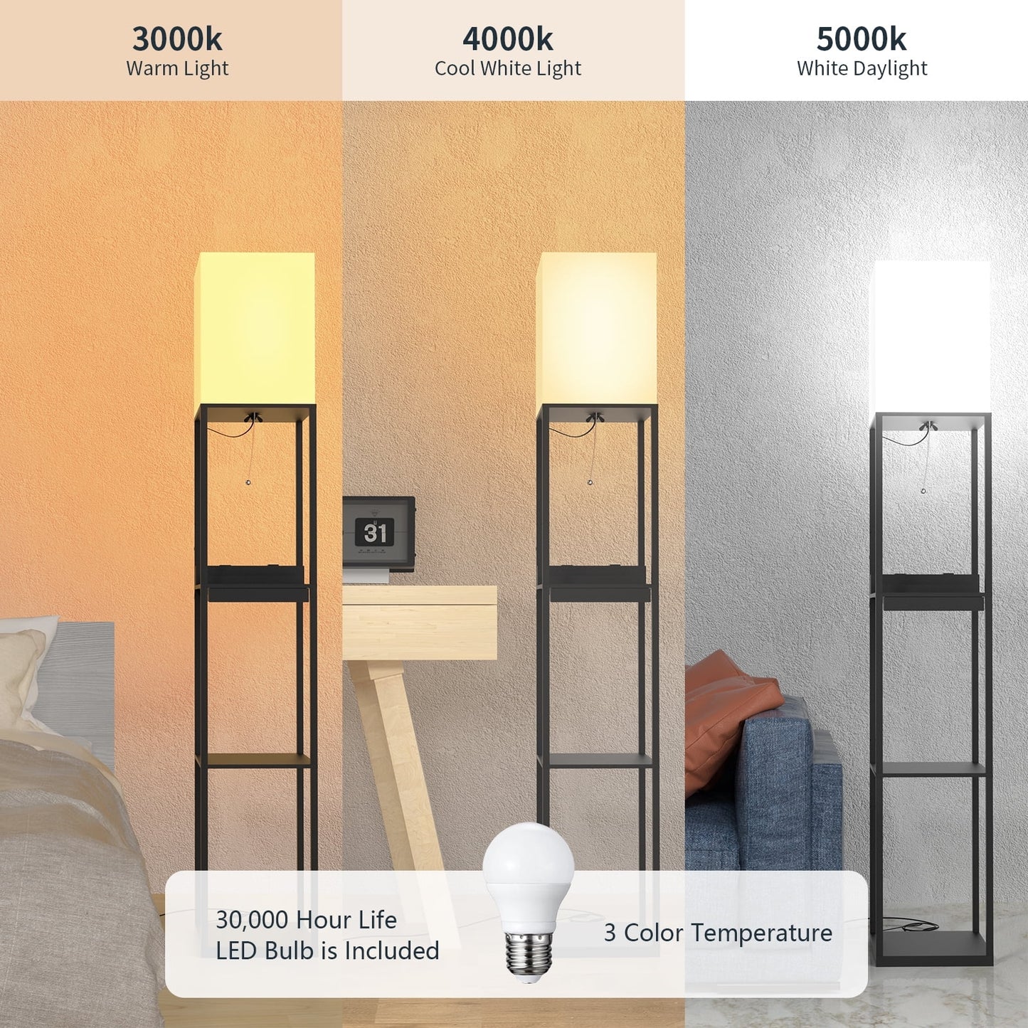 SUNMORY Floor Lamp with Shelves,Modern Dimmable Solid Wood Standing Lamp with 1 Drawer and 2 USB Ports & 2 Power Outlet,Corner Tall Bookshelf Lamp for Living Room and Bedroom(Black) 429560187