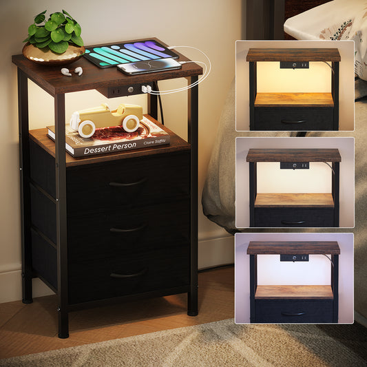 3-Tier Nightstand with Drawers and Charging Station, End Table with Storage Shelf and USB Ports& Power Outlets Side Table for Living Room, Rustic Brown