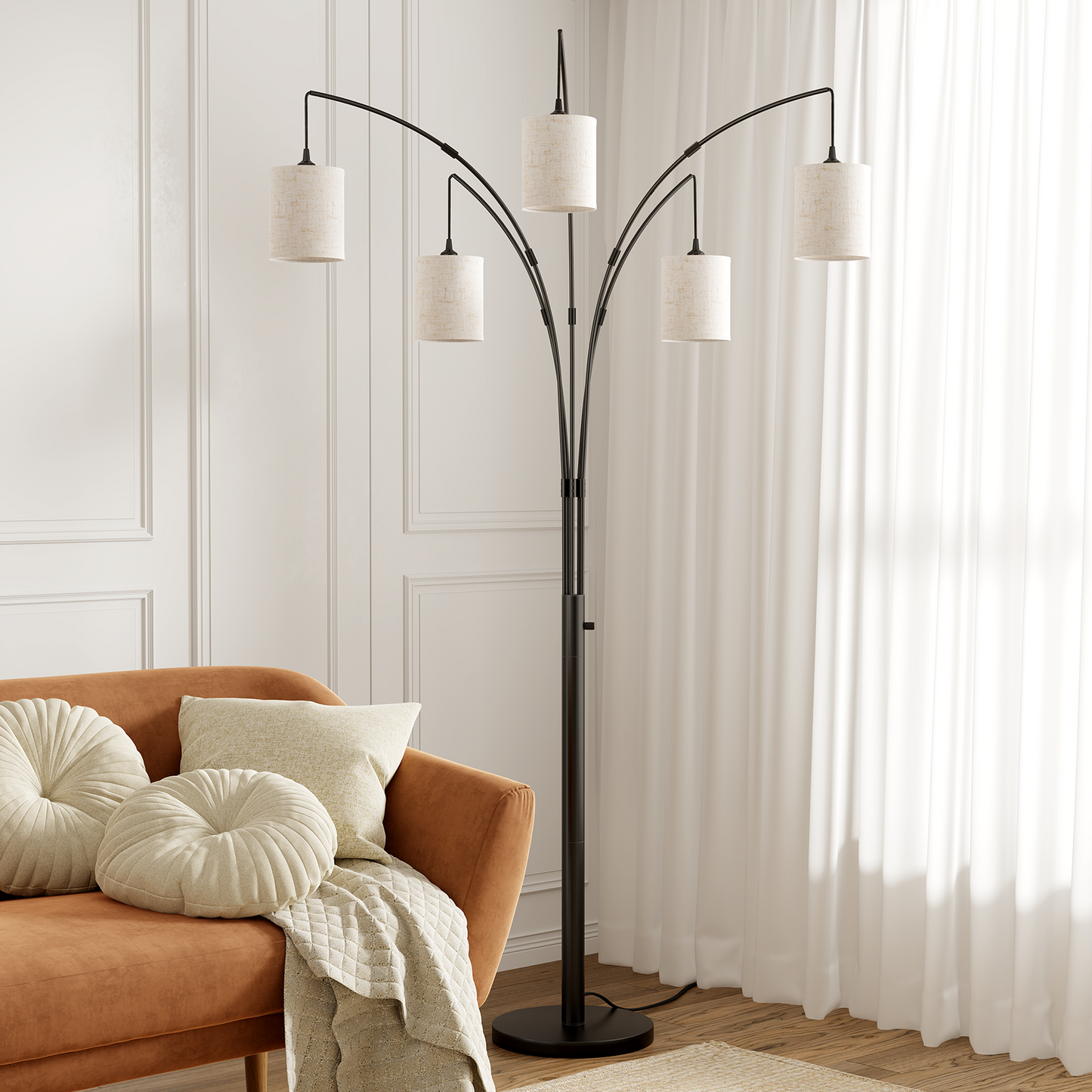 SUNMORY 5 Lights Tree Floor Lamp, 83.5" Large Tall Standing Lamp with Drum Linen Lampshade, Modern Arc Floor Lamps with Heavy Base & 5 Bulbs Included, Mid Century Arched Floor Lamp for Living Room 17547665635