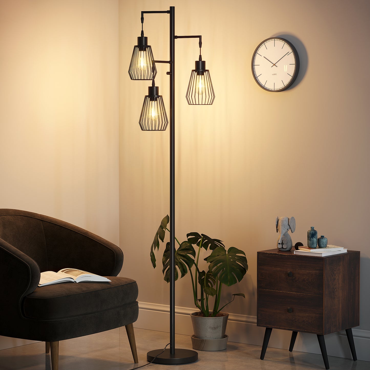 SUNMORY Industrial Floor Lamp, Three Lights Farmhouse Floor Lamp with 3 LED Edison Bulbs, Standing Tree Lamp with Sturdy Base, Tall Vintage Pole Light for Bedroom, Office, Dining Room(Black)