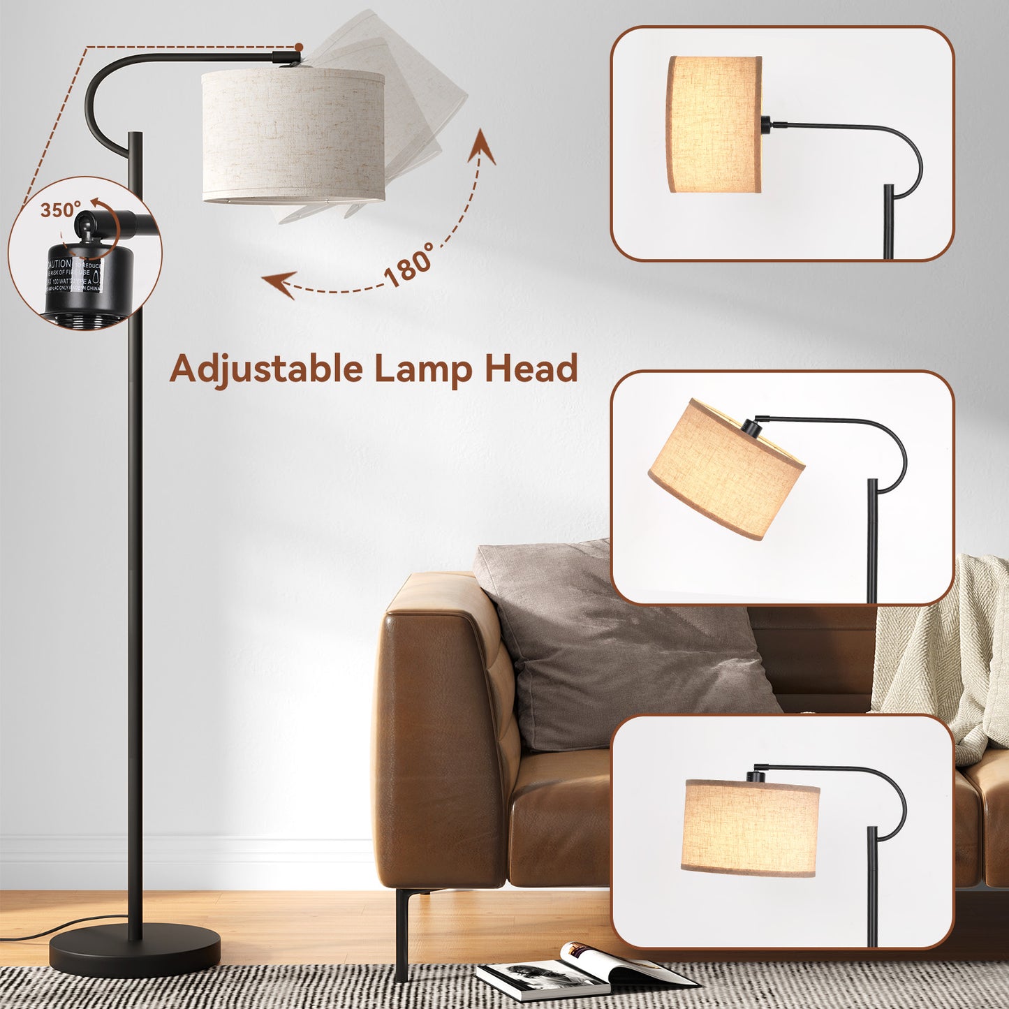 SUNMORY 63" Arc Floor Lamp for Living Room, Dimming Standing Lamp with Linen Shade, Tall lamp with 3 Color Temperature LED, Metal Modern Floor Lamps for Bedroom, Office, Bulb Included, Black 17438968972