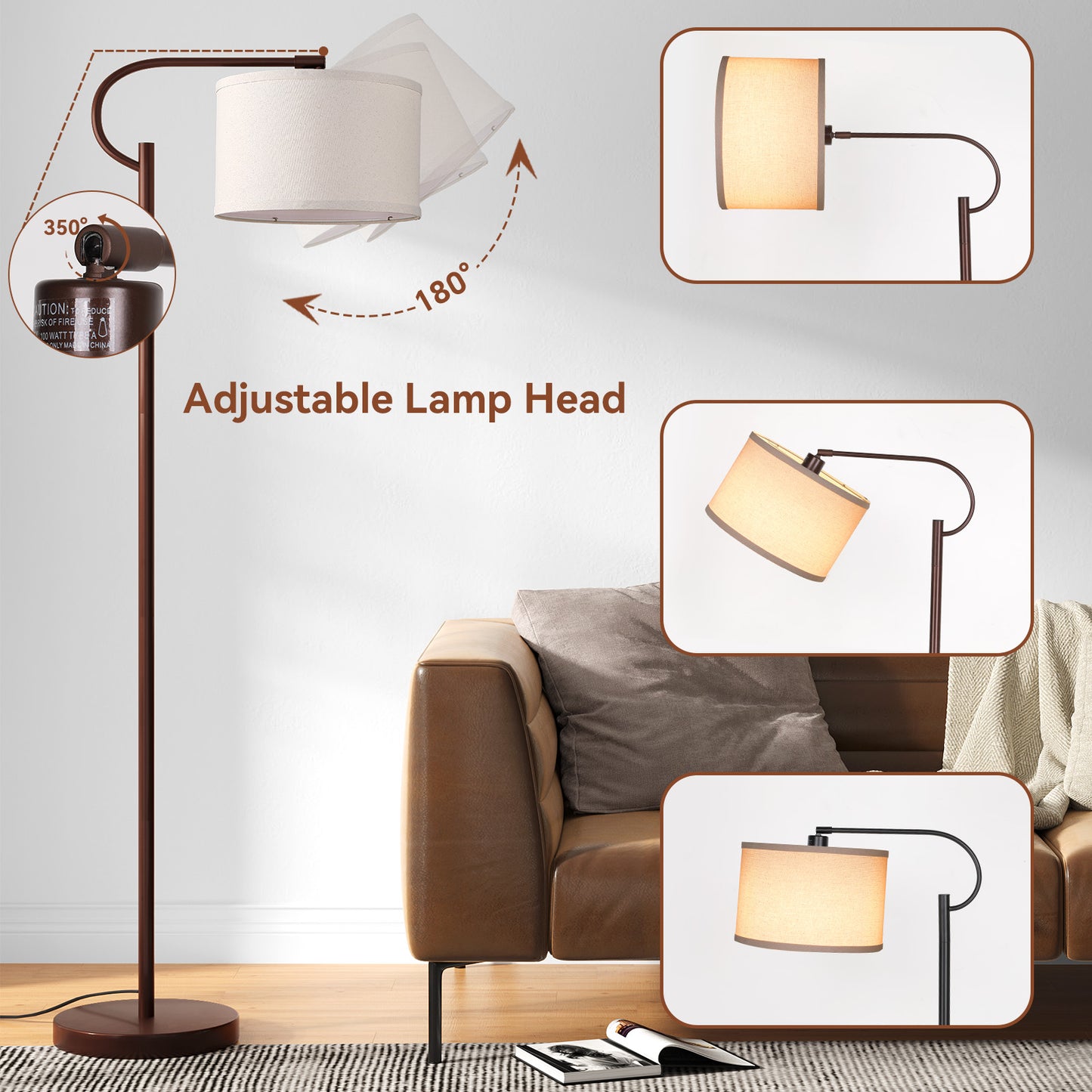 SUNMORY Arc Floor Lamp, 63" Modern Metal Tall Floor Lamp with Foot Switch, Dimming Standing Lamp with 3 Color Temperature, Adjustable Shade Arched Floor Lamps for Living Room, Bulb Included, Brown 17413209724