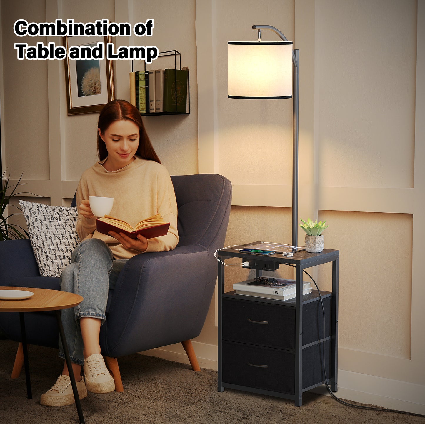 Floor Lamp with Table, Nightstand with Drawer,USB Port End Table Side Table & Reading Light - Black