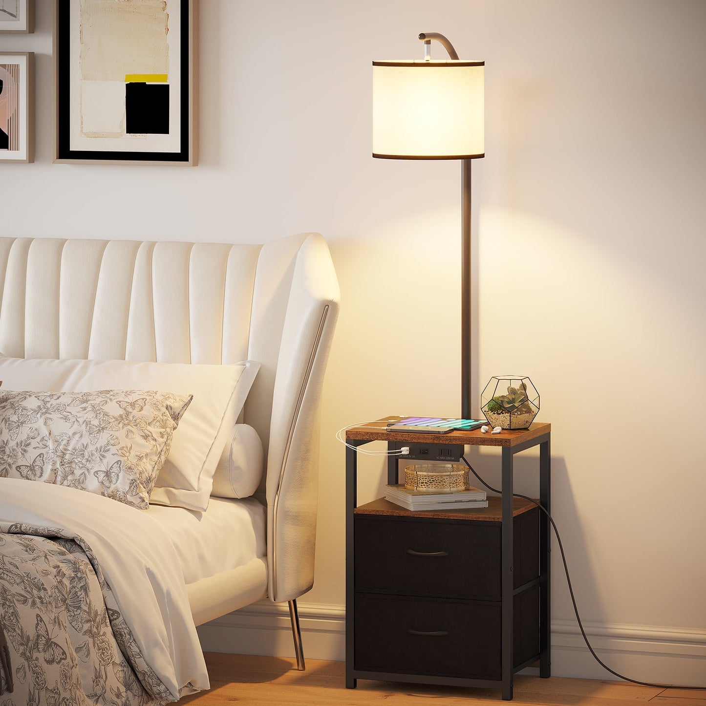 SUNMORY Floor Lamp with Table for Bedroom, Nightstand with Drawers Lamp with USB Port and Outlet Reading Light -Walnut