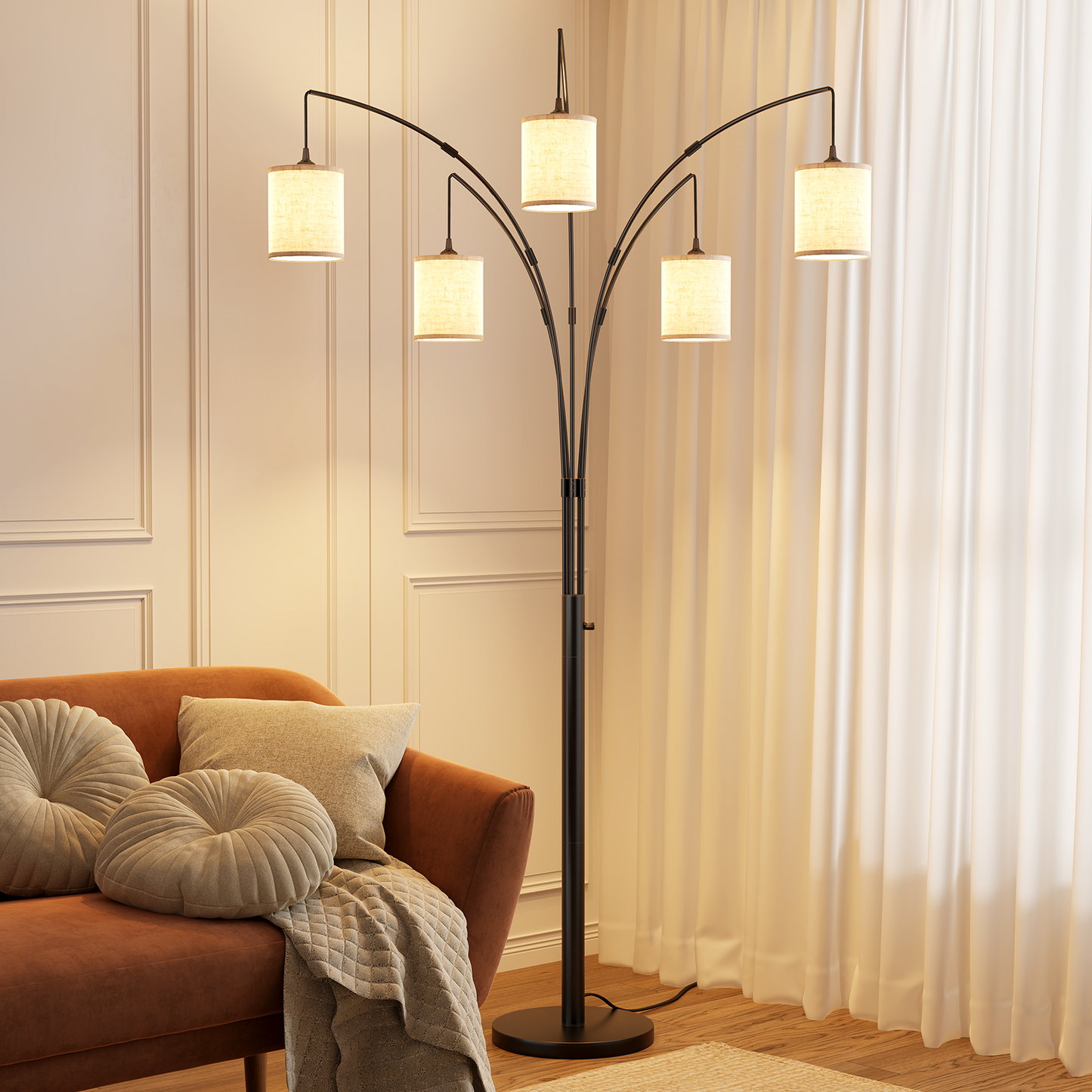 SUNMORY 5 Lights Tree Floor Lamp, 83.5" Large Tall Standing Lamp with Drum Linen Lampshade, Modern Arc Floor Lamps with Heavy Base & 5 Bulbs Included, Mid Century Arched Floor Lamp for Living Room 17547665635