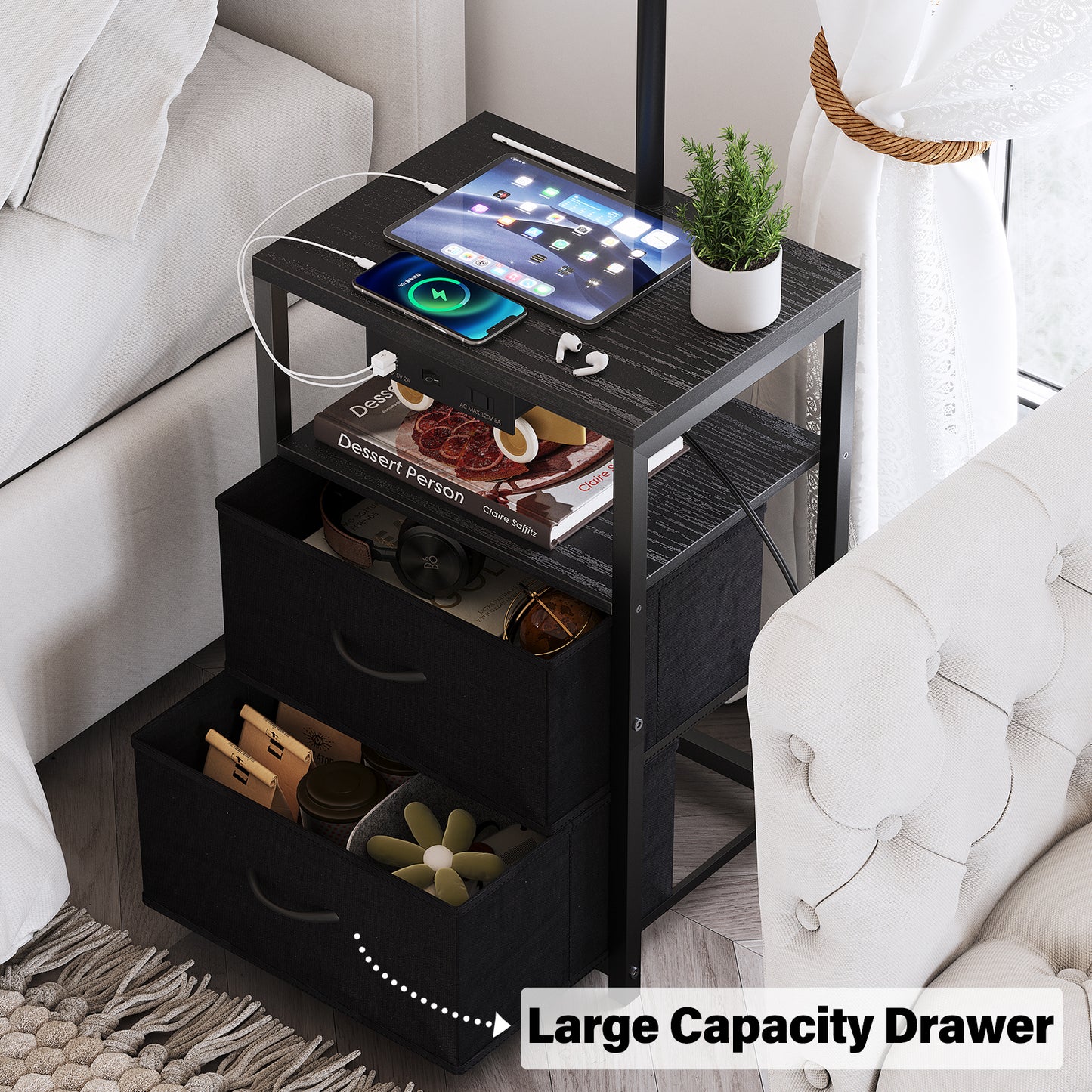 Floor Lamp with Table, Nightstand with Drawer,USB Port End Table Side Table & Reading Light - Black