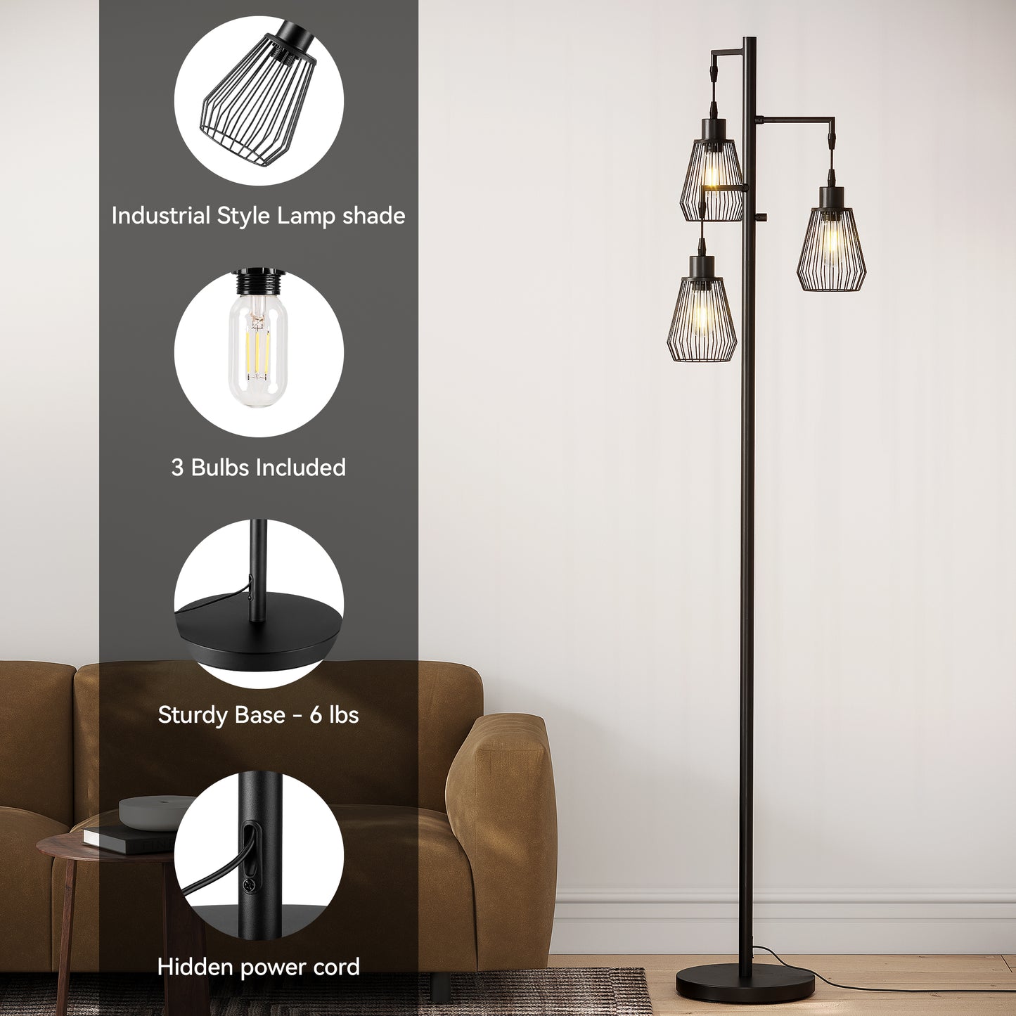 SUNMORY Industrial Floor Lamp, Three Lights Farmhouse Floor Lamp with 3 LED Edison Bulbs, Standing Tree Lamp with Sturdy Base, Tall Vintage Pole Light for Bedroom, Office, Dining Room(Black)