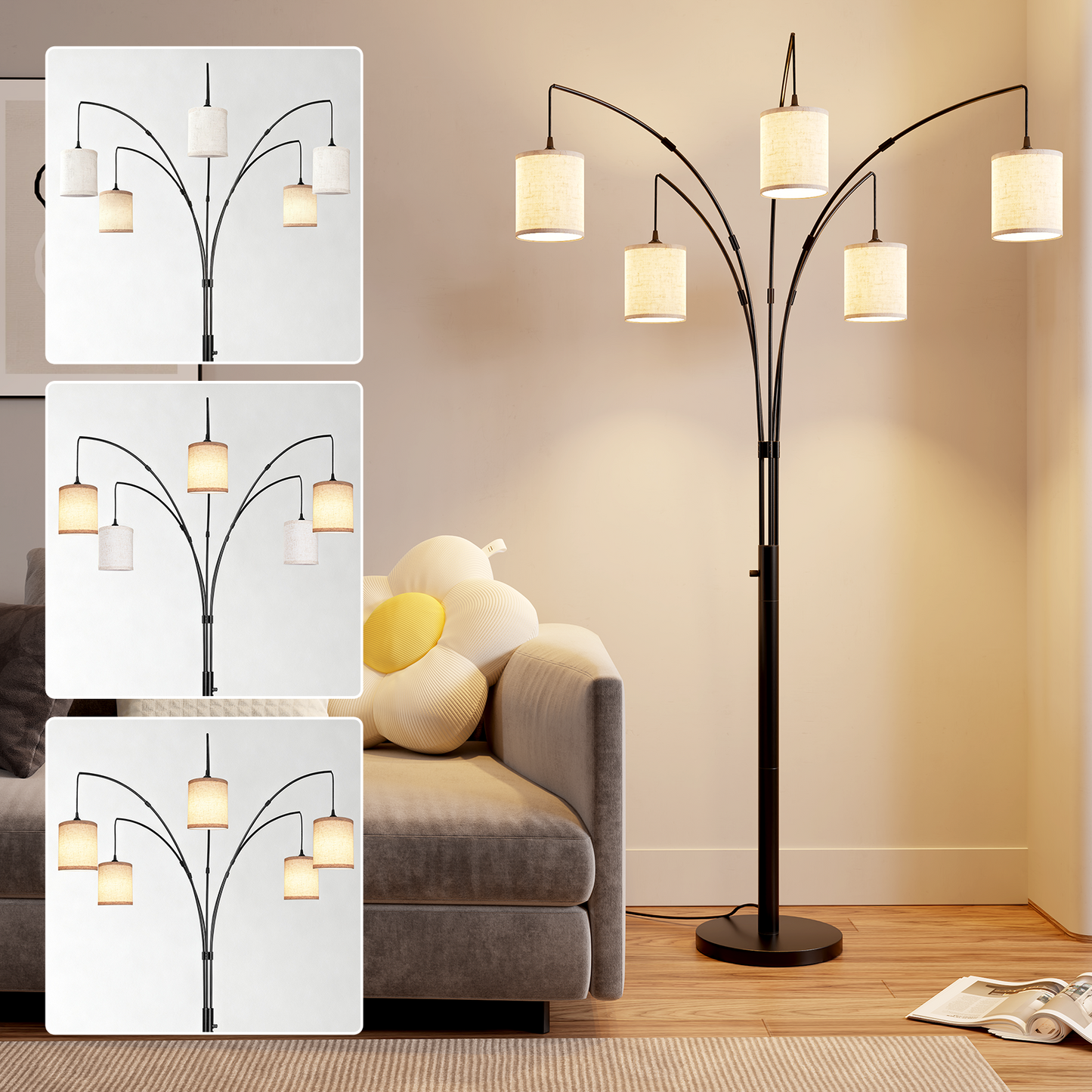 SUNMORY 5 Lights Tree Floor Lamp, 83.5" Large Tall Standing Lamp with Drum Linen Lampshade, Modern Arc Floor Lamps with Heavy Base & 5 Bulbs Included, Mid Century Arched Floor Lamp for Living Room 17547665635