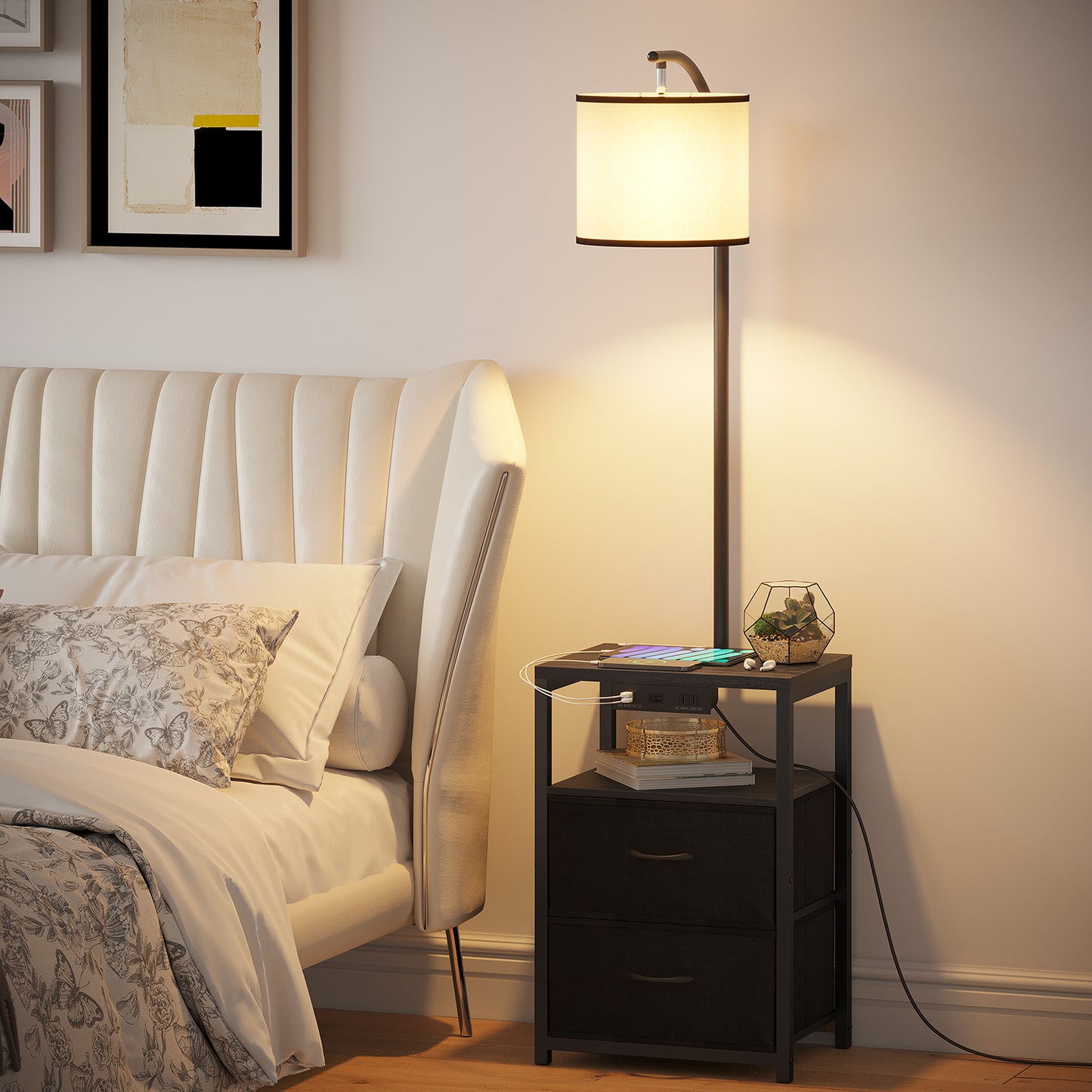 Floor Lamp with Table, Nightstand with Drawer,USB Port End Table Side Table & Reading Light - Black