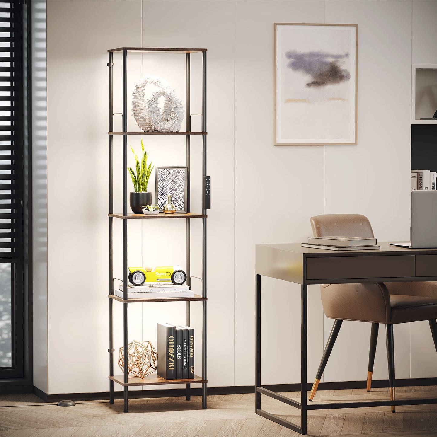 SUNMORY Display Shelf with Dimmable Lights, Lighted Display Cases for Collectibles, Adjustable Color Temperature and Brightness, Display Cabinet, Floor Lamp with Shelves, Home Decor, Rustic Brown