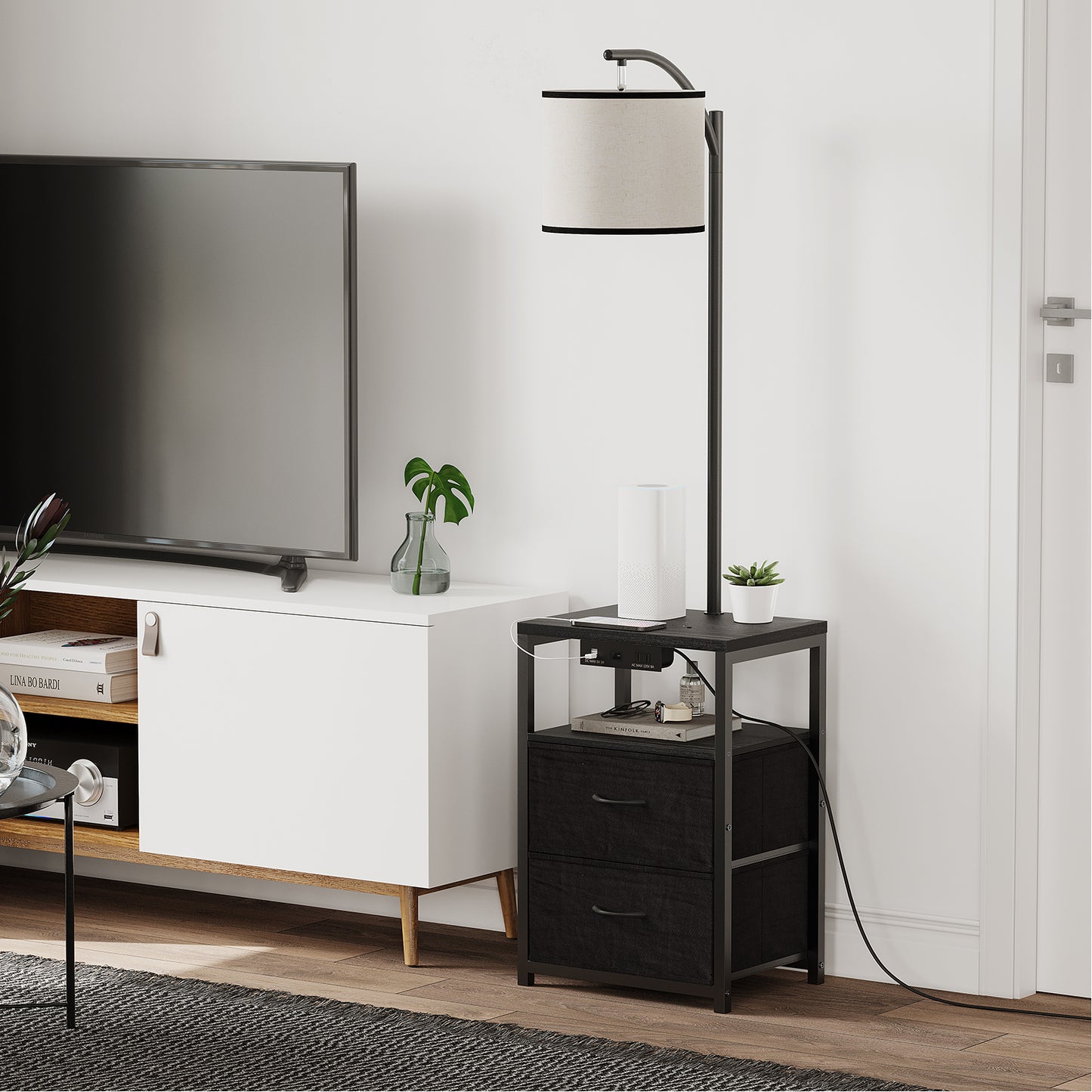 Floor Lamp with Table, Nightstand with Drawer,USB Port End Table Side Table & Reading Light - Black