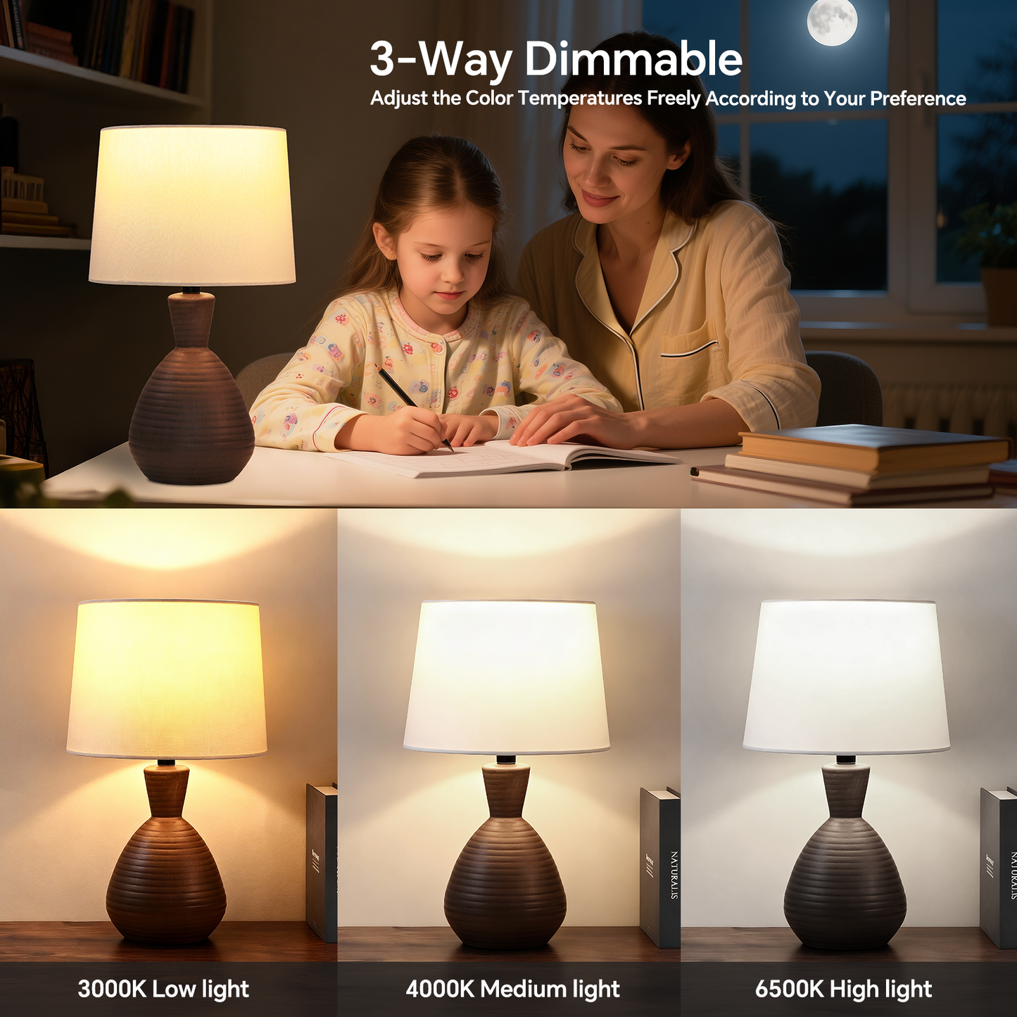 SUNMORY Table Lamp for Bedroom, 14.5'' Ceramic Table Lamps with 3 Way Dimmable White Lamp, Small Space Cute Mushroom Lamps, LED Night Light for Living Room, Dining Office (Linen Shade)17773212614