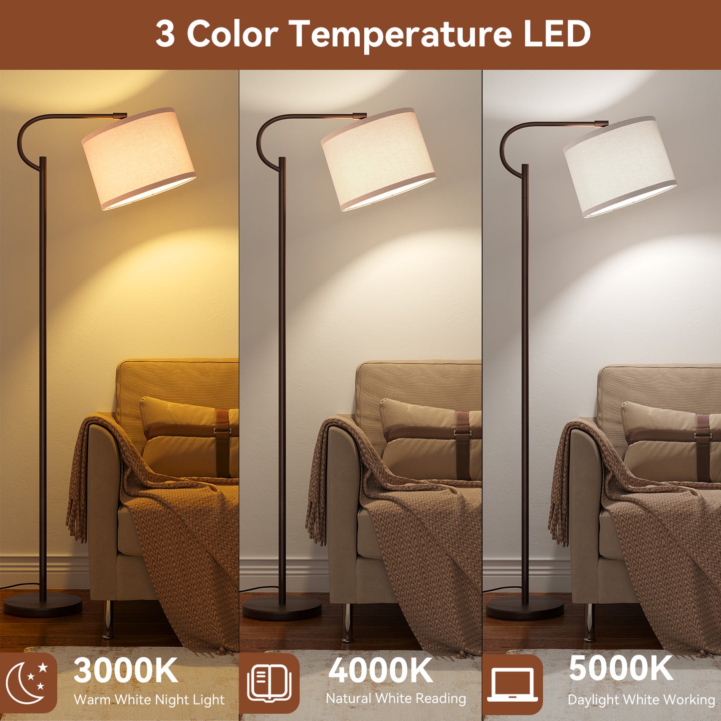 SUNMORY Arc Floor Lamp, 63" Modern Metal Tall Floor Lamp with Foot Switch, Dimming Standing Lamp with 3 Color Temperature, Adjustable Shade Arched Floor Lamps for Living Room, Bulb Included, Brown 17413209724