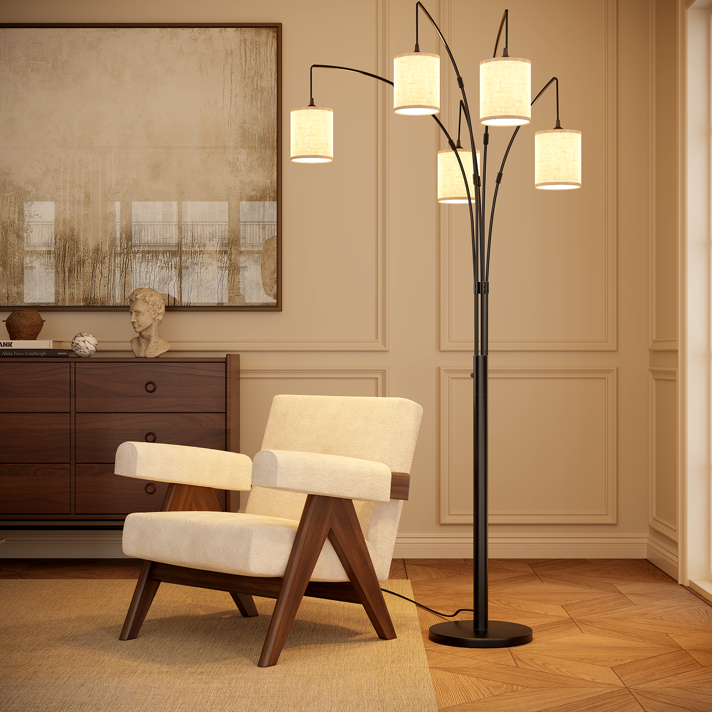 SUNMORY 5 Lights Tree Floor Lamp, 83.5" Large Tall Standing Lamp with Drum Linen Lampshade, Modern Arc Floor Lamps with Heavy Base & 5 Bulbs Included, Mid Century Arched Floor Lamp for Living Room 17547665635