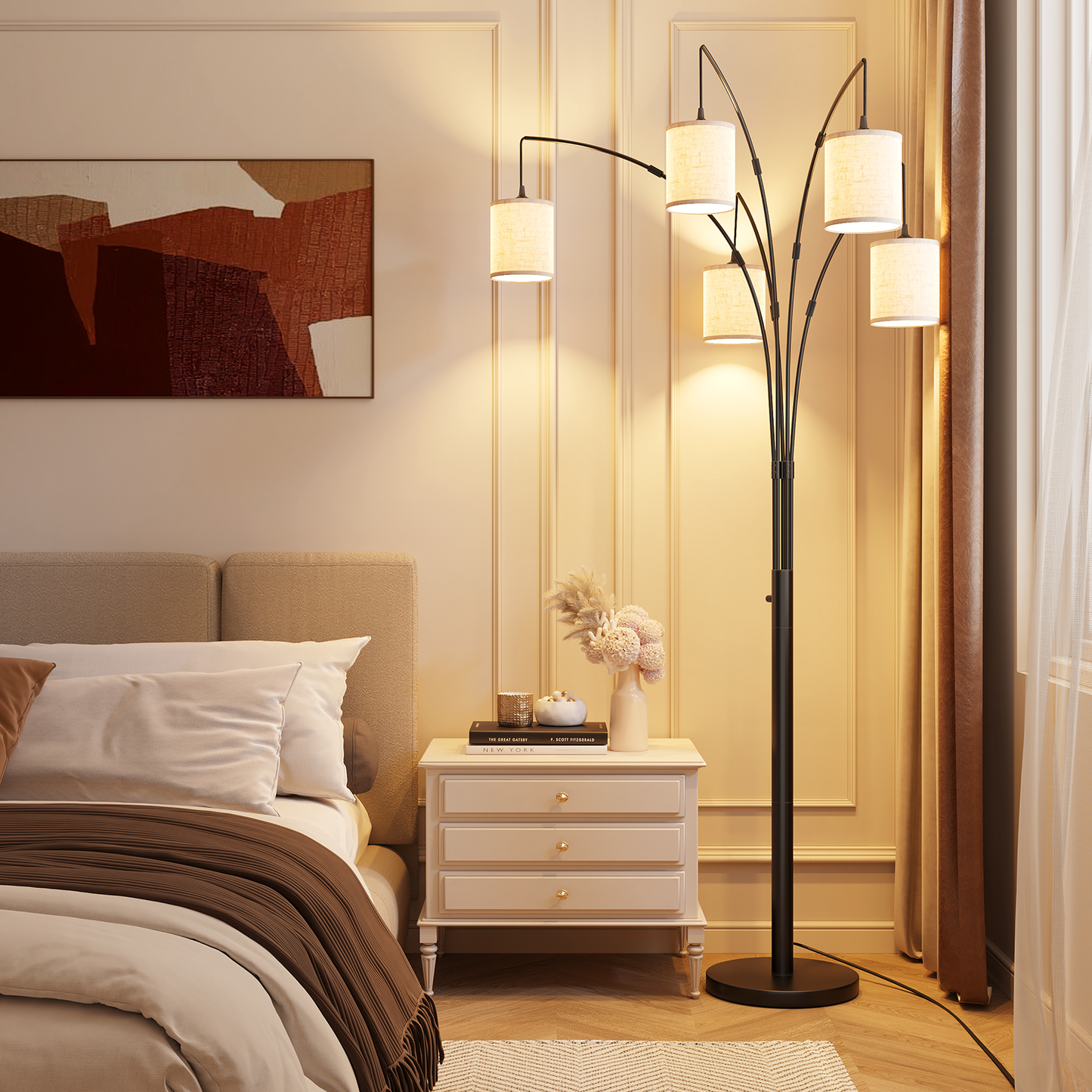 SUNMORY 5 Lights Tree Floor Lamp, 83.5" Large Tall Standing Lamp with Drum Linen Lampshade, Modern Arc Floor Lamps with Heavy Base & 5 Bulbs Included, Mid Century Arched Floor Lamp for Living Room 17547665635