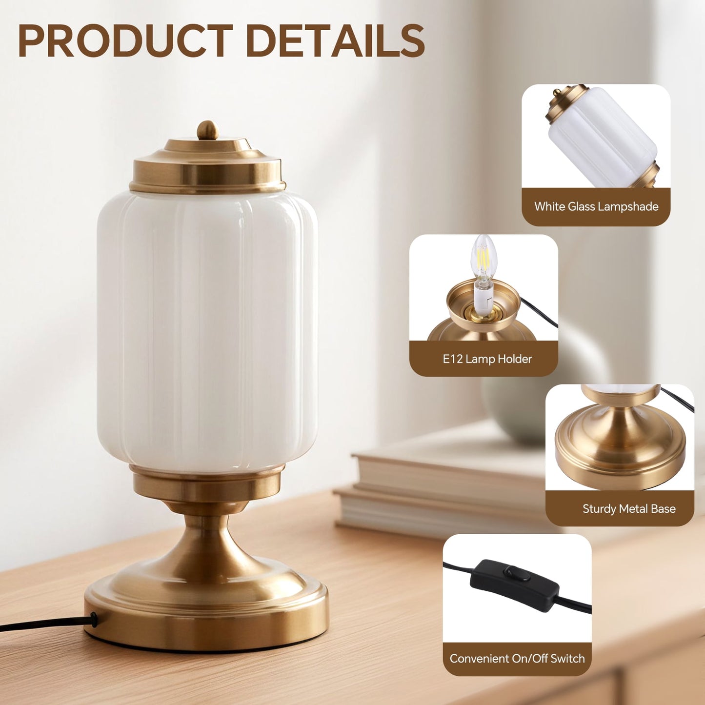 SUNMORY Gold Table Lamps with White Glass Shade, Elegant Brass Base Desk Lamp, Warm 2700K Ambient Light for Bedroom, Living Room, Nightstand, Entryway, Classic Home Decor 18882065780