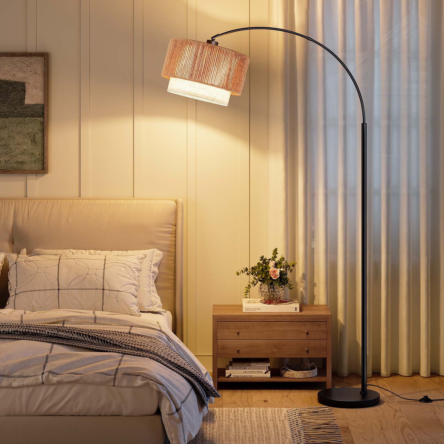 SUNMORY Floor Lamps for Living Room with 12W LED Bulb, Arc Floor Lamp with 3 Color Temperatures, Farmhouse Floor Lamps with Adjustable Rattan & Fabric Shades, Boho Standing Lamp for Bedroom, Corner  15811662327