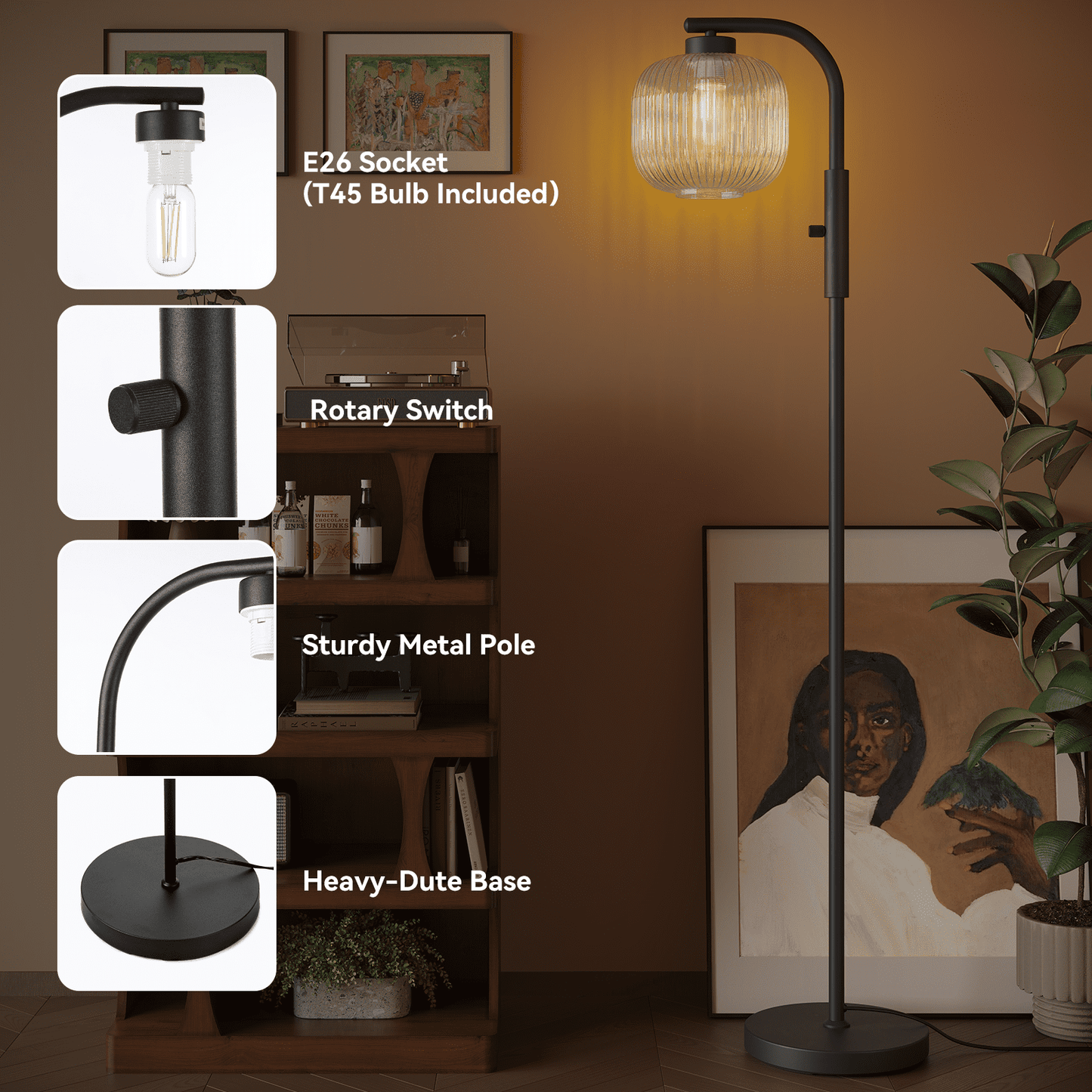 SUNMORY Stepless Dimming Glass Shade Floor Lamp, Floor Lamps for Living Room, LED Lamp for Bedroom, Rotating Switch, Anti - tipping Base, for Home Decor Lighting Black 16659571375