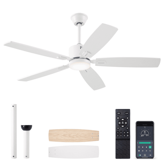 SUNMORY 52" Ceiling Fans with Lights, APP and Remote Control, Reversible DC Motor, Noiseless, Stepless Dimmable, Modern Ceiling Fan for Indoor/Outdoor Use, White HH-3318-WT