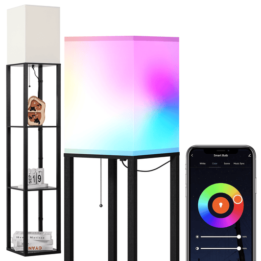 SUNMORY 63" Floor Lamp with Shelves, Smart APP Control Standing Lamps with RGB Bulb, 4-Tier Wood Dimmable Floor Lamps for Living Room, Tall Lamp for Bedroom, Office, Corner Display Bookshelf Lamp 17596363323