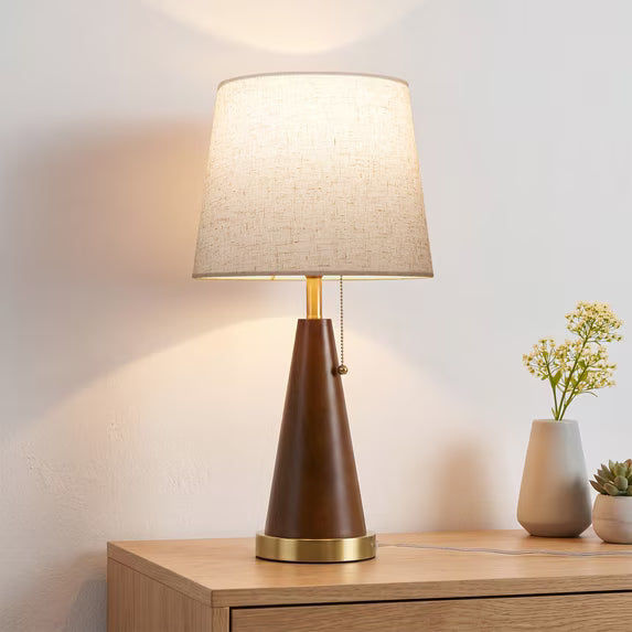 SUNMORY Modern Wood Table Lamp with 3 Color LED Bulb, Mid-Century Bedside Nightstand Lamp with Pull Chain Switch, Linen Shade & Heavy Brass Base Desk Lamp for Bedroom, Living Room, Home Office  20449512441