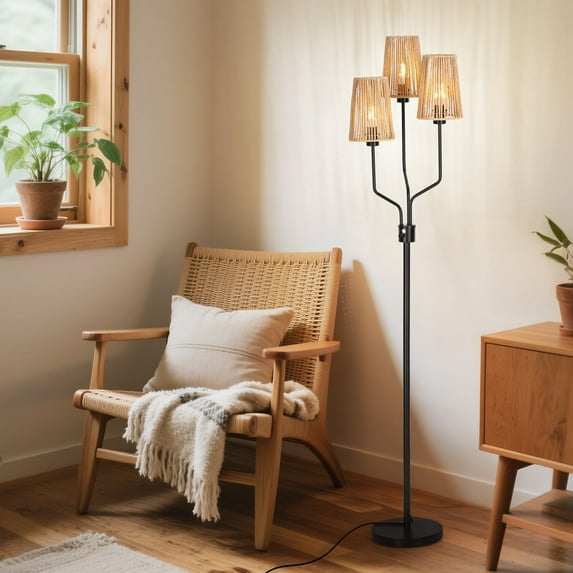 SUNMORY Rattan Floor Lamp, Floor Lamps for Living Room with 3 Tier Dimmable Lighting, Bedroom Floor Lamp for Farmhouse, Rustic Floor Light, Boho Style, Ideal for Living Room, Bedroom, Sofa 16515358407