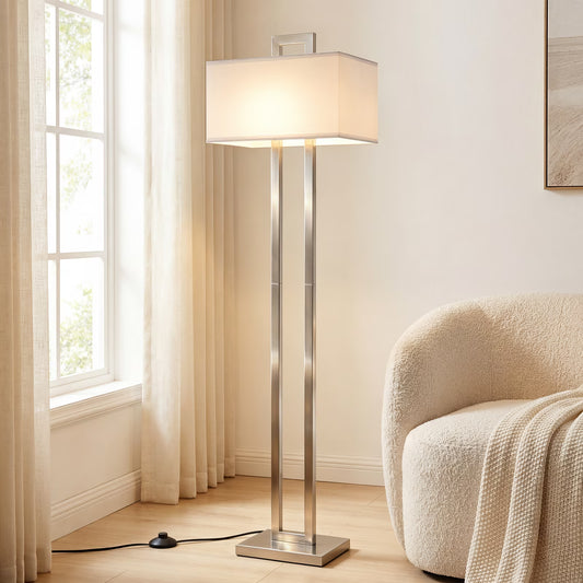 SUNMORY Modern Brushed Nickel Double Pole Floor Lamp with Rectangular Fabric Shade  20088111689