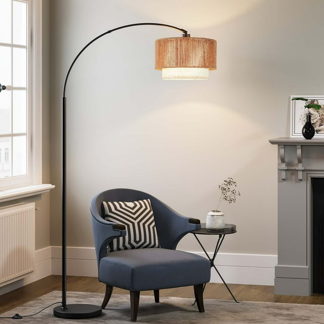 SUNMORY Floor Lamps for Living Room with 12W LED Bulb, Arc Floor Lamp with 3 Color Temperatures, Farmhouse Floor Lamps with Adjustable Rattan & Fabric Shades, Boho Standing Lamp for Bedroom, Corner  15811662327