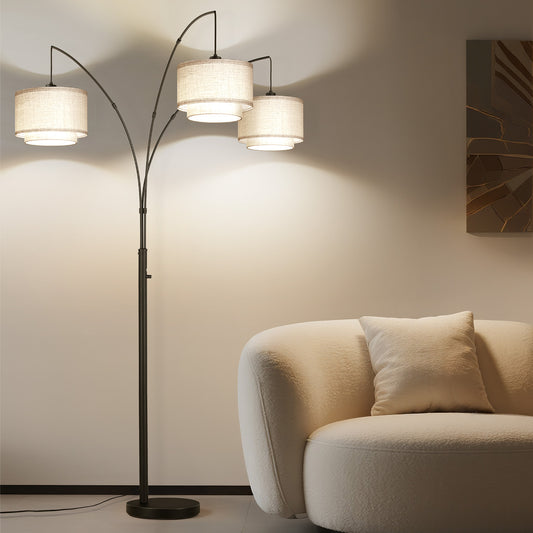 SUNMORY 3 Lights Tree Floor Lamp, 81.5" Tall Standing Lamp with Hanging Dual Drum Linen Shade, Modern Arc Floor Lamps with Heavy Base & 3 Bulbs, Mid Century Arched Floor Lamp for Living Room, Bedroom Black 17167153144