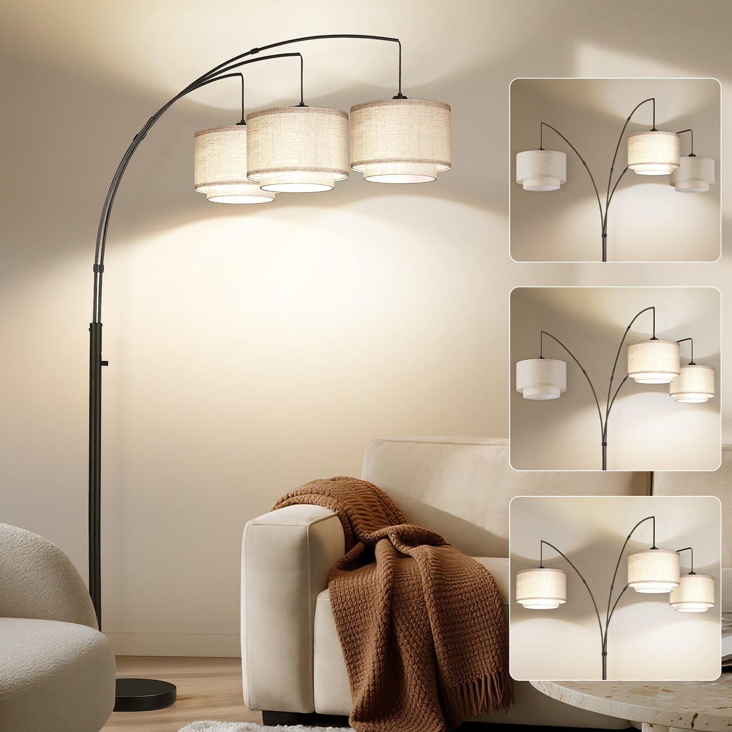 SUNMORY 3 Lights Tree Floor Lamp, 81.5" Tall Standing Lamp with Hanging Dual Drum Linen Shade, Modern Arc Floor Lamps with Heavy Base & 3 Bulbs, Mid Century Arched Floor Lamp for Living Room, Bedroom Black 17167153144