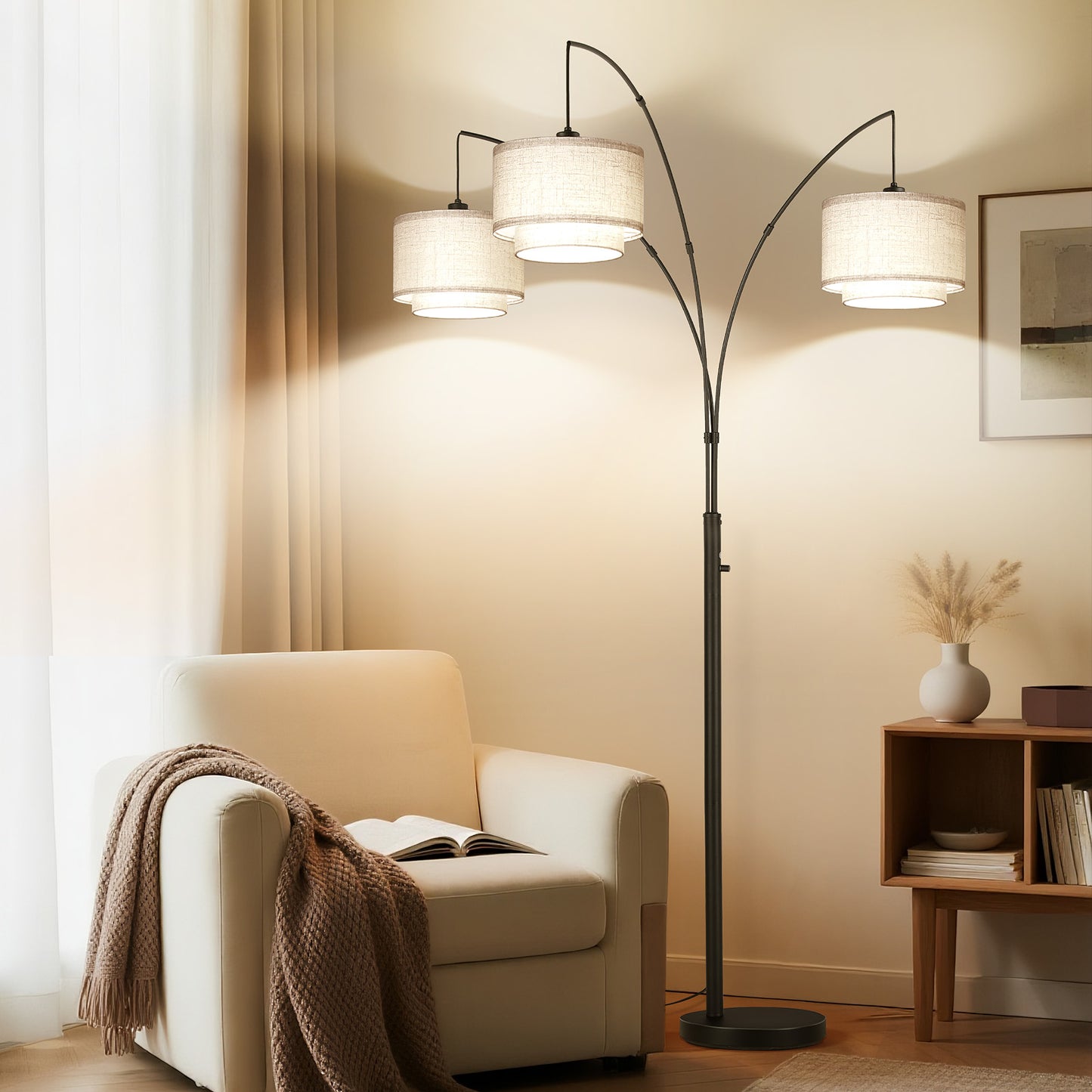 SUNMORY 3 Lights Tree Floor Lamp, 81.5" Tall Standing Lamp with Hanging Dual Drum Linen Shade, Modern Arc Floor Lamps with Heavy Base & 3 Bulbs, Mid Century Arched Floor Lamp for Living Room, Bedroom Black 17167153144