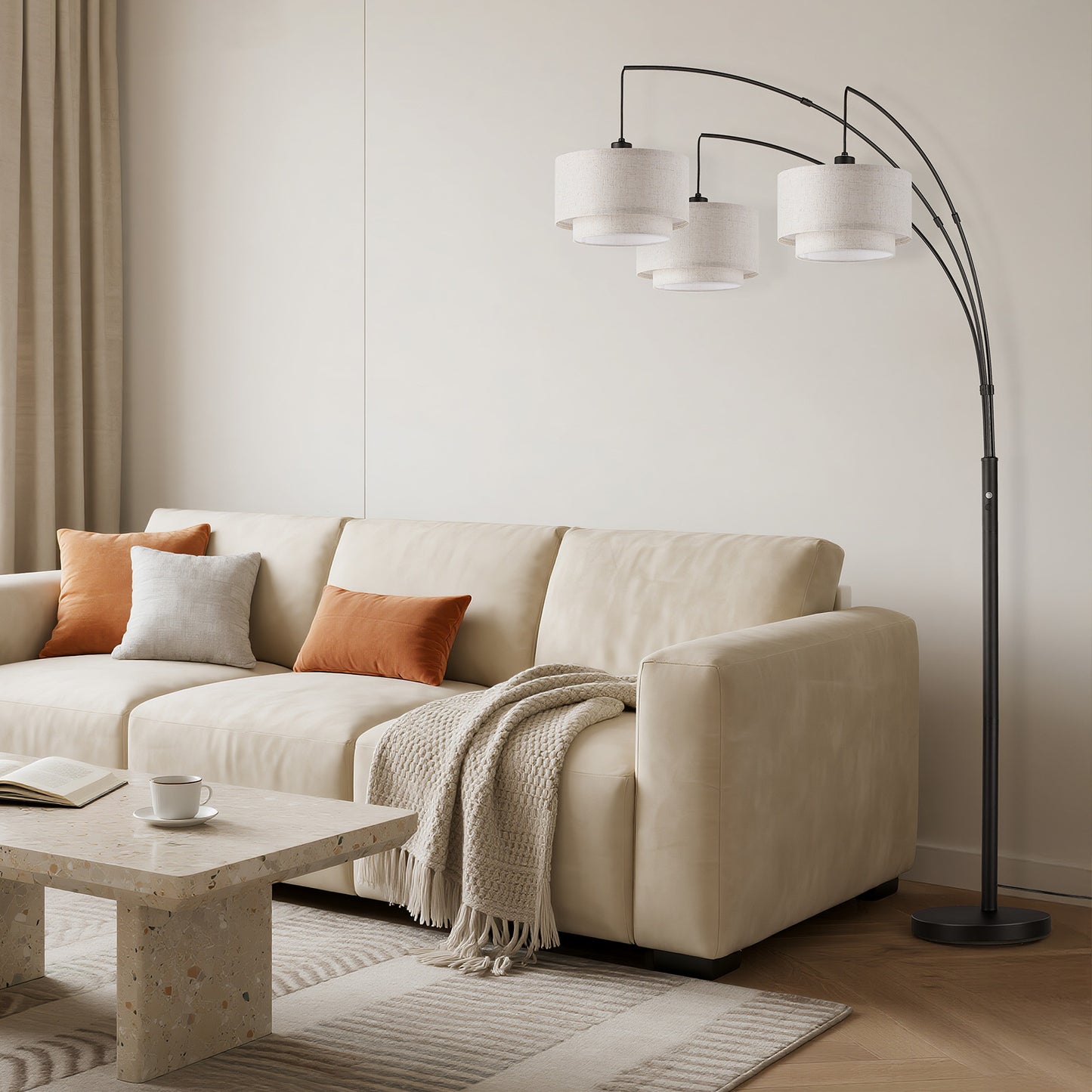 SUNMORY 3 Lights Tree Floor Lamp, 81.5" Tall Standing Lamp with Hanging Dual Drum Linen Shade, Modern Arc Floor Lamps with Heavy Base & 3 Bulbs, Mid Century Arched Floor Lamp for Living Room, Bedroom Black 17167153144